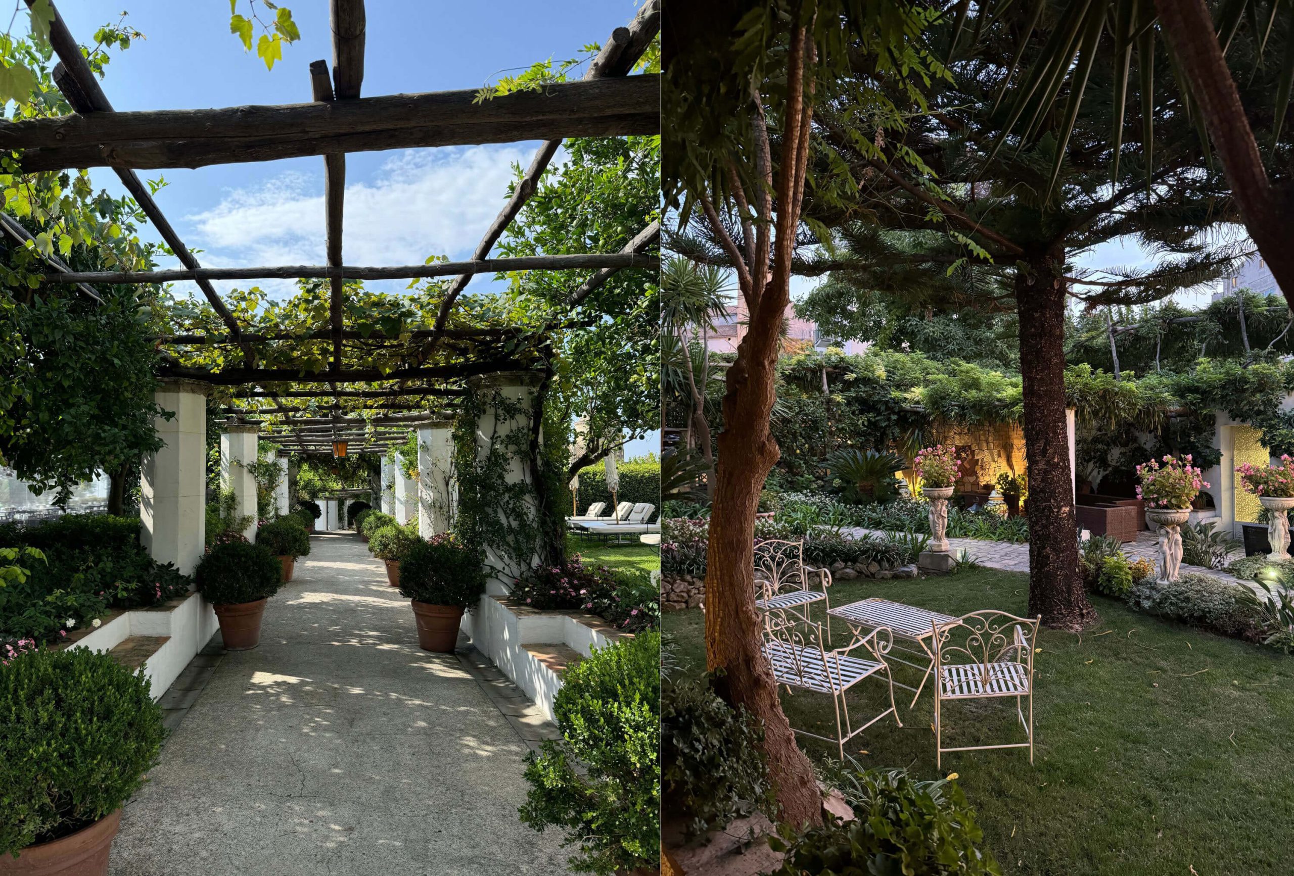 Paired views of shaded pergolas and stone garden terraces