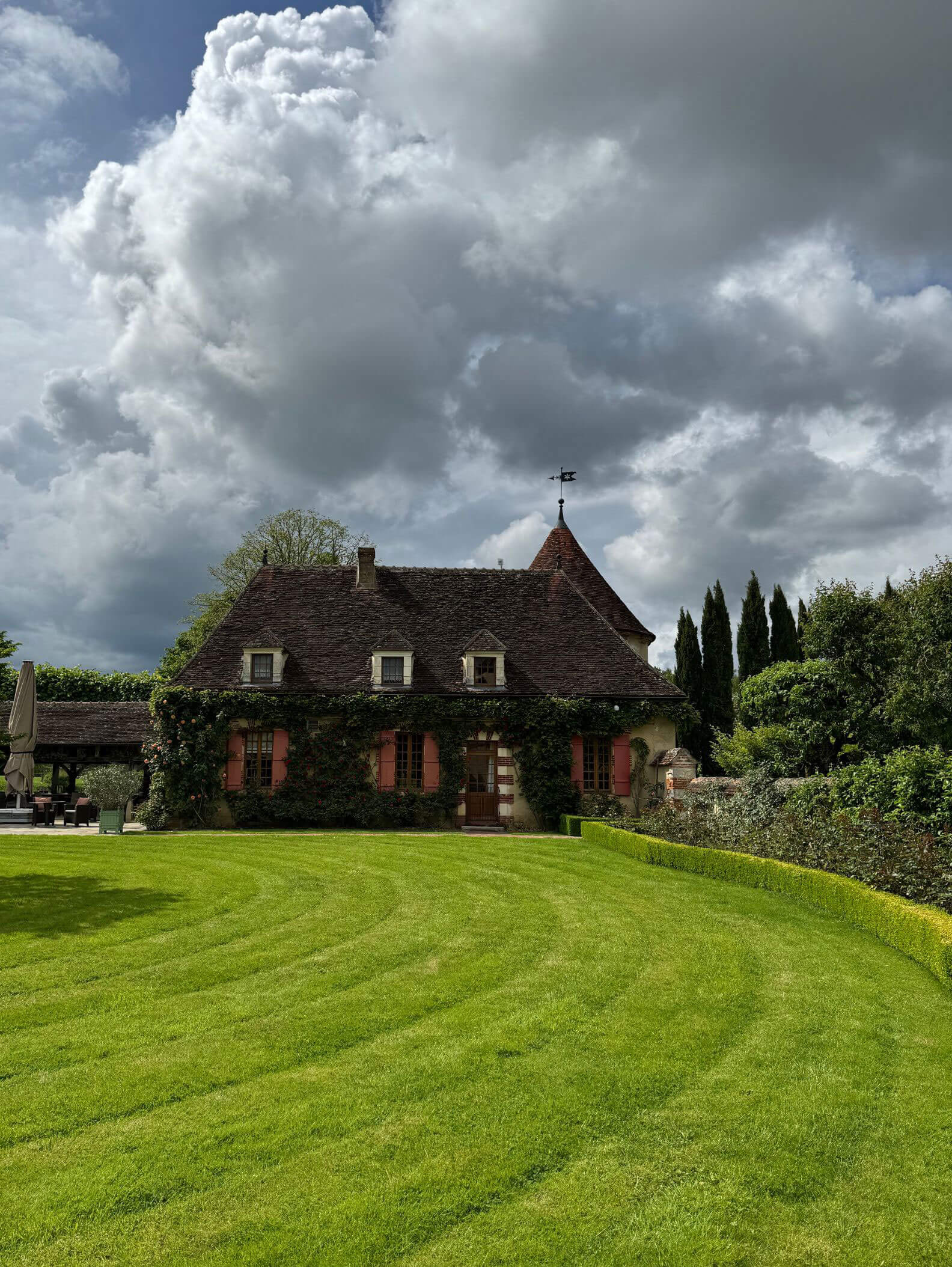 Climbing plants across a steep-roofed manor facade