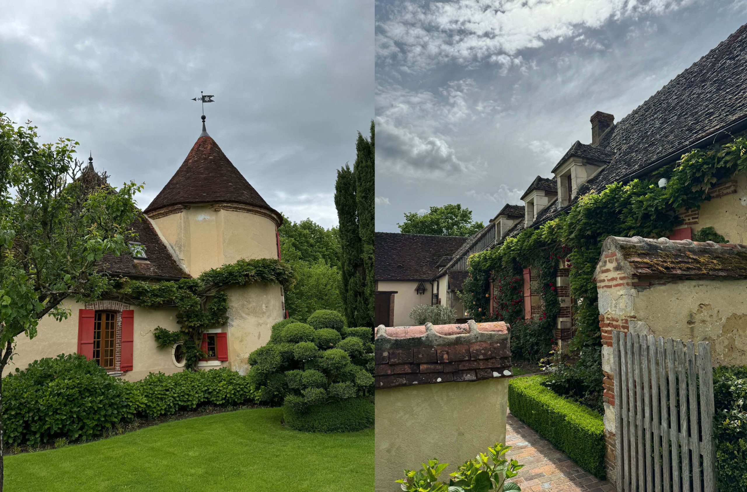 Paired views of manor turrets and a stone courtyard