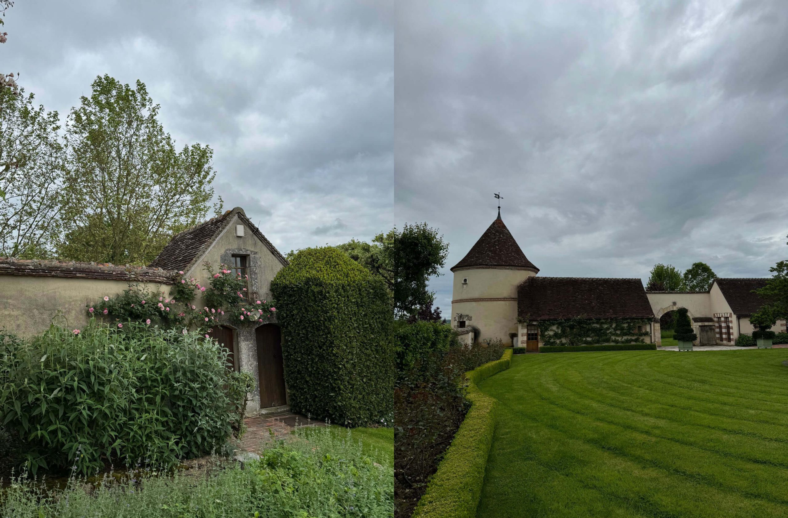 Paired views of garden walls and manor grounds
