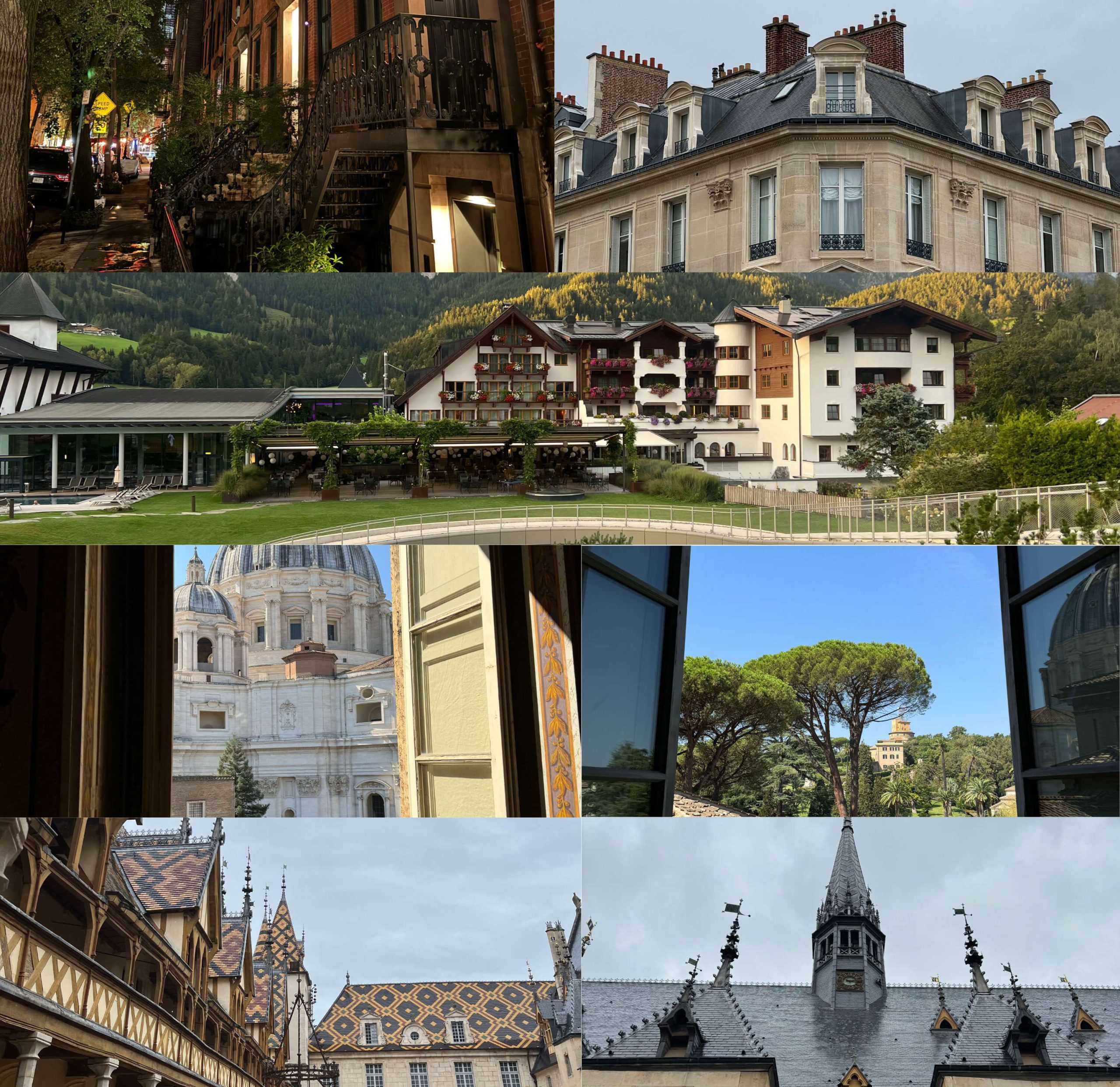 Travel collage of courtyards, mountain gardens and architectural details