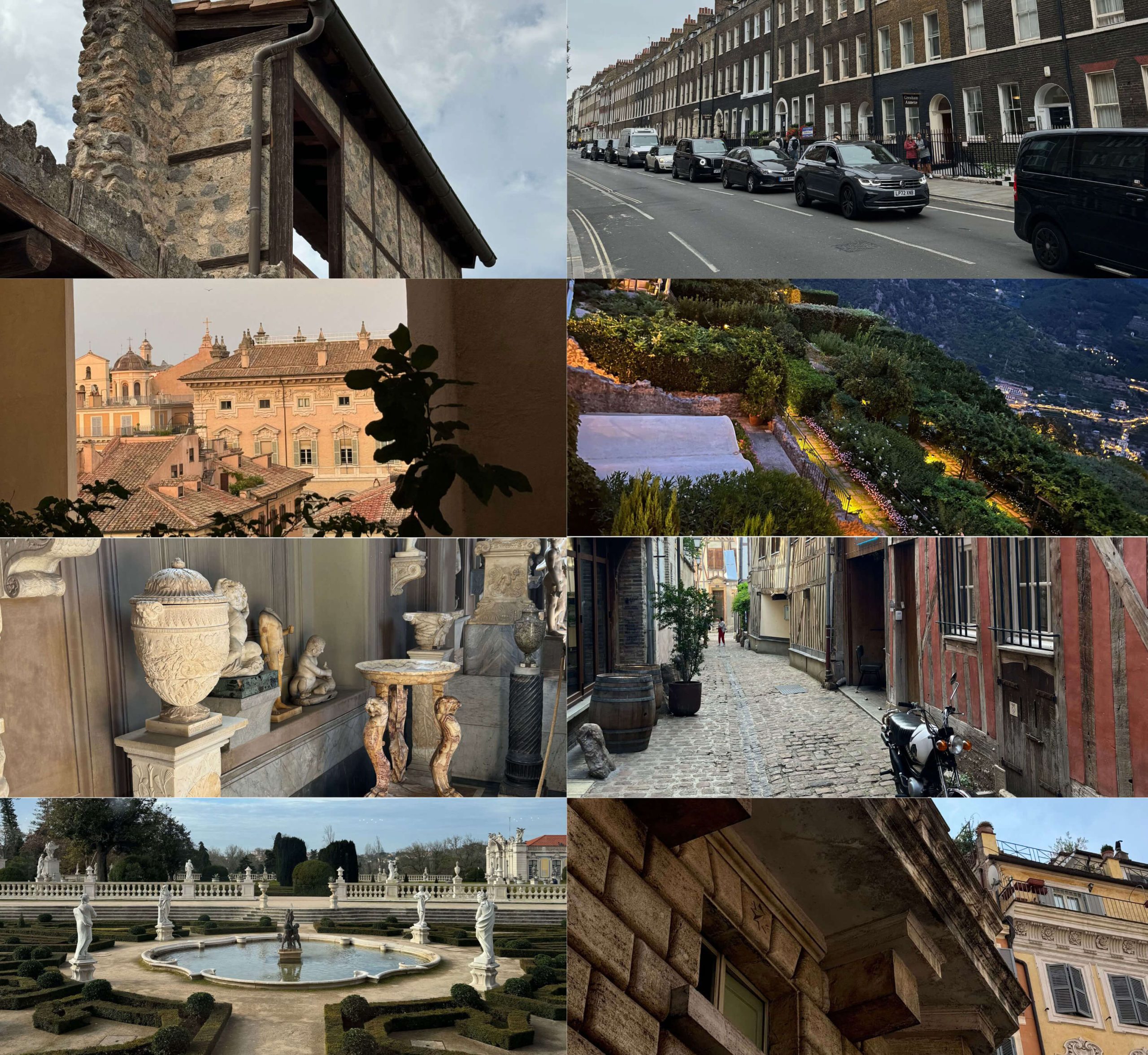 Travel collage of buildings, sculpture, streets and formal gardens