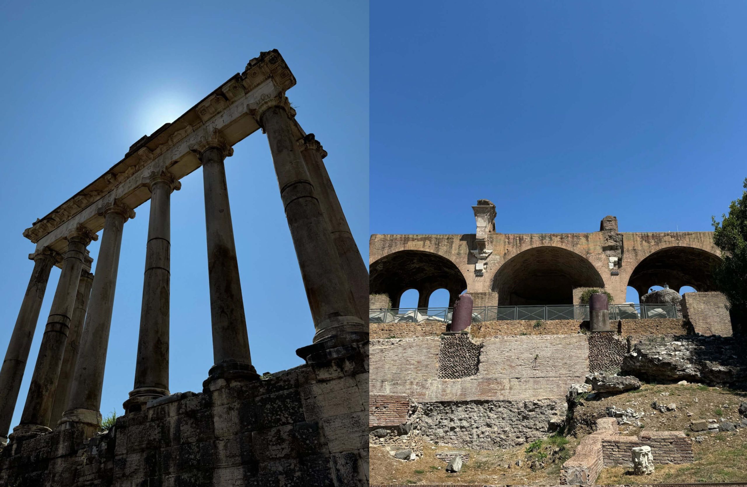 Paired ancient colonnade and brick-vaulted ruins
