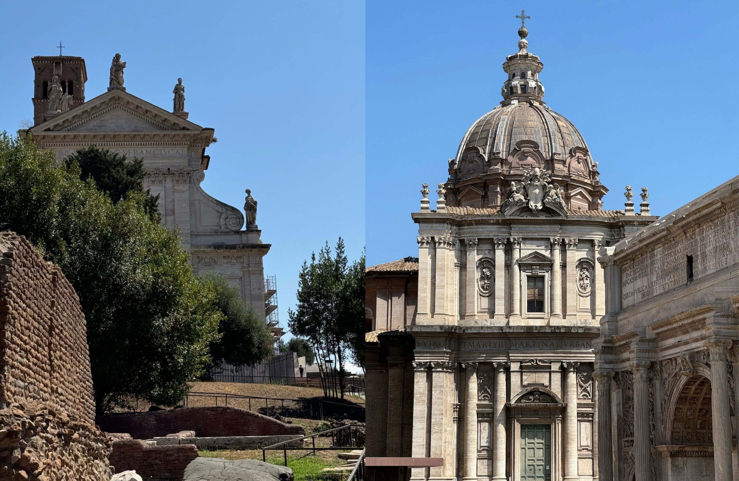 Paired views of historic church facades and a domed roof