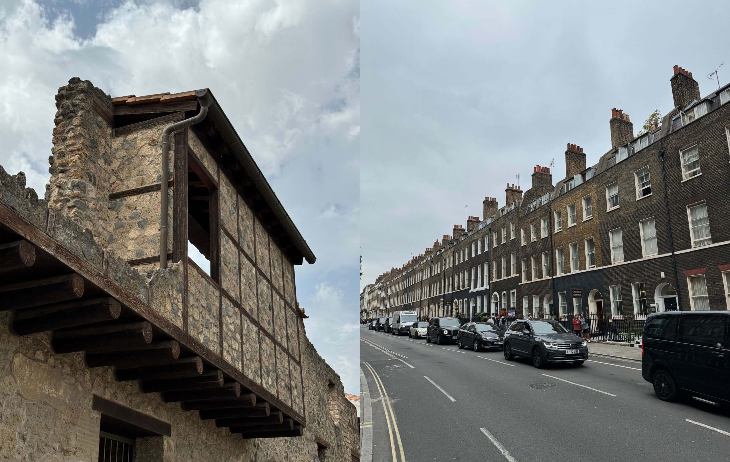 Timber-framed building and a row of brick townhouses