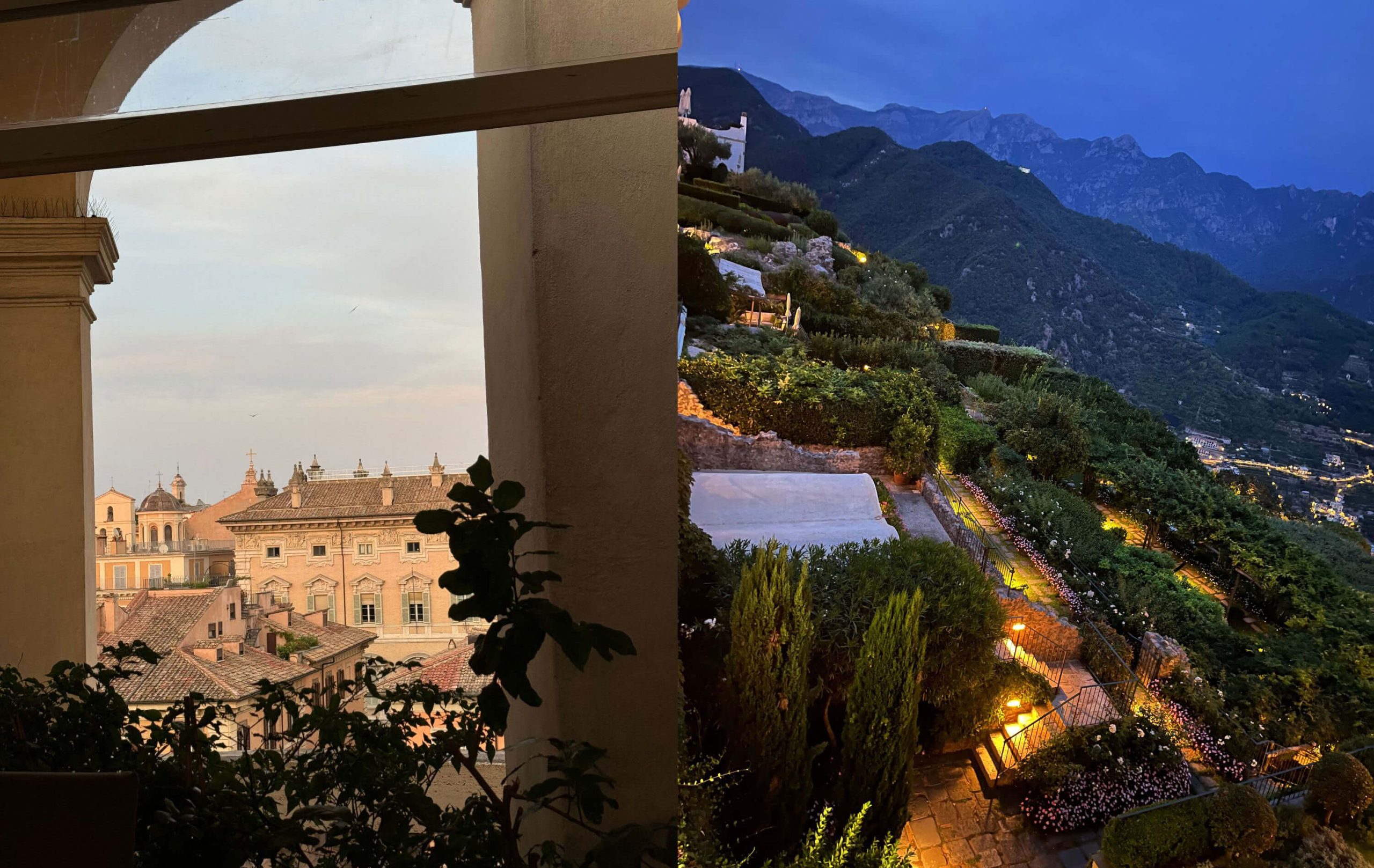 Terrace overlooking a palace and illuminated hillside homes