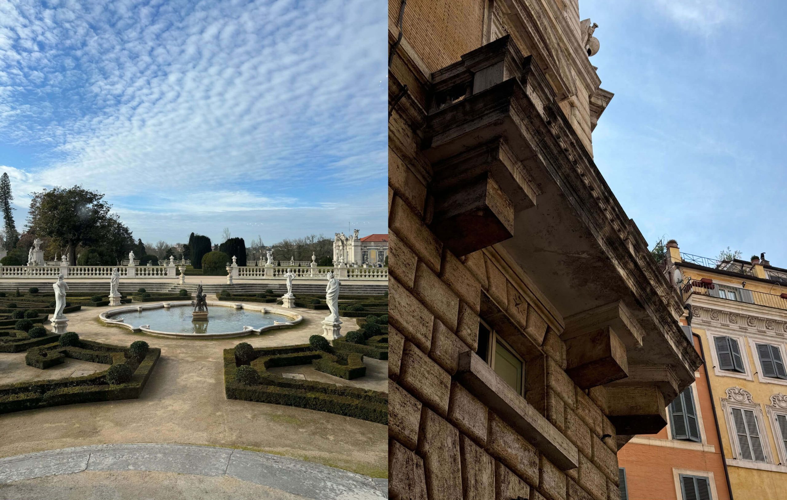 Formal fountain garden and carved stone facade details