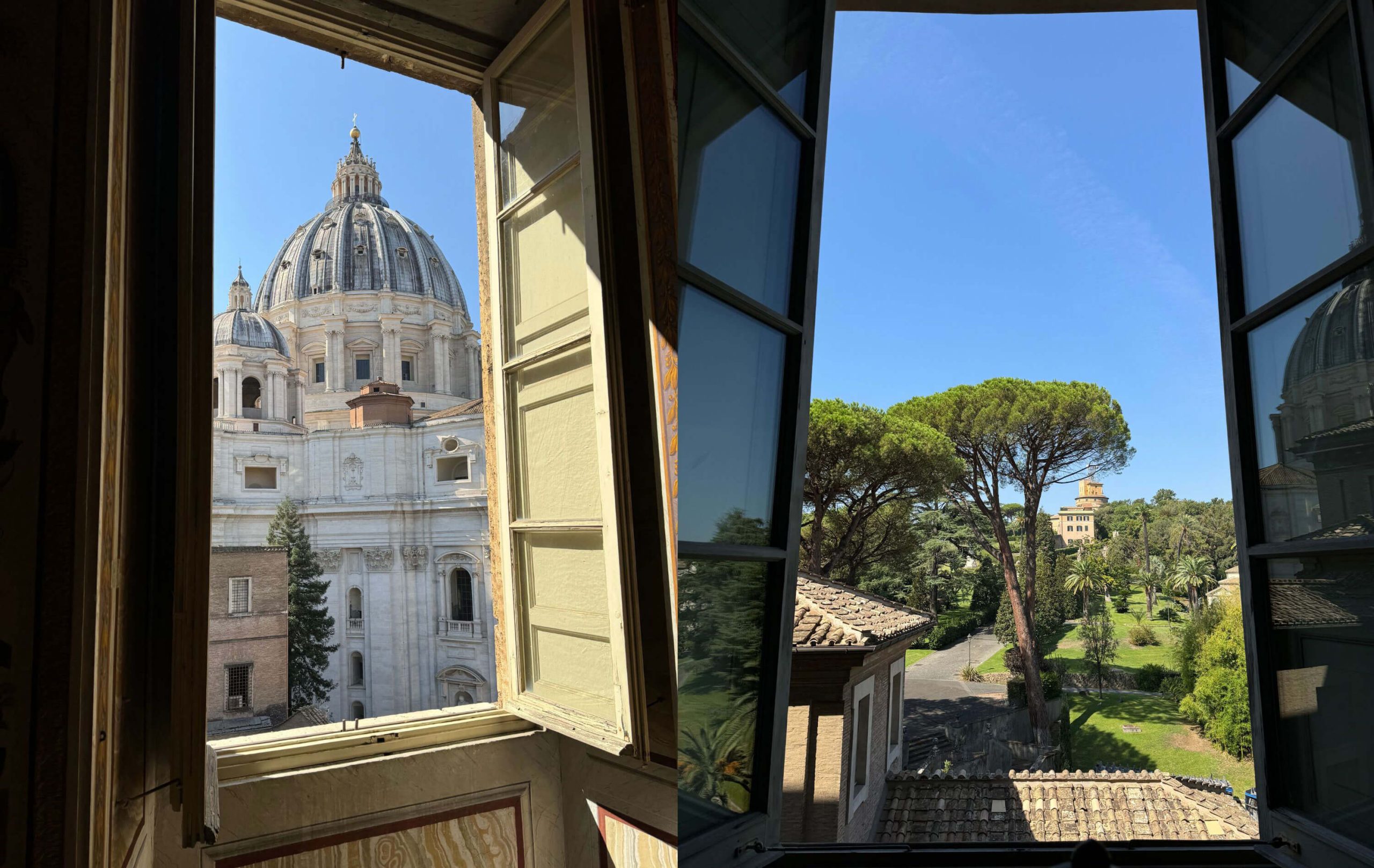 Views of a domed building and garden through open windows