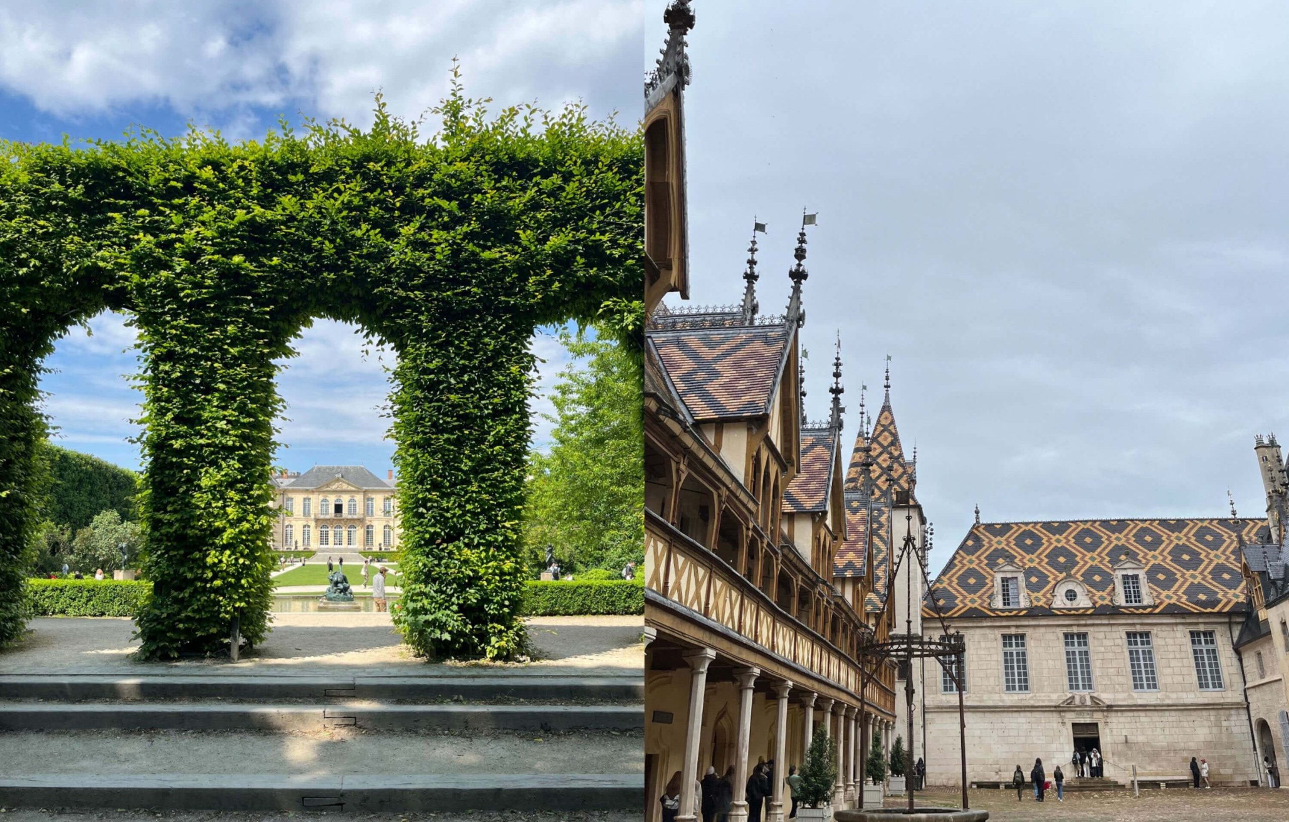 Garden pergola and historic courtyard with patterned tile roofs