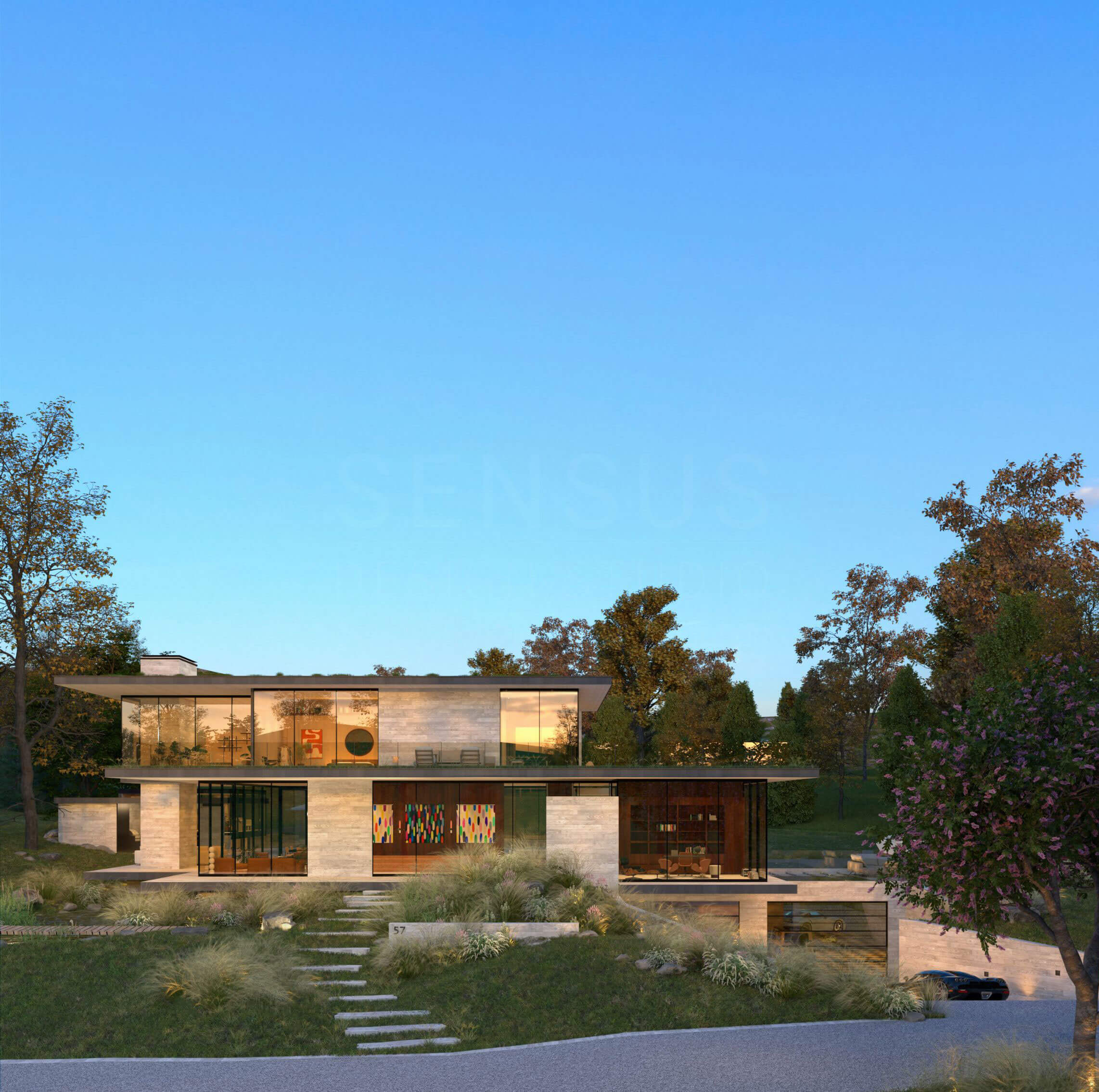 Modern Forestview Compound descending with the wooded grade