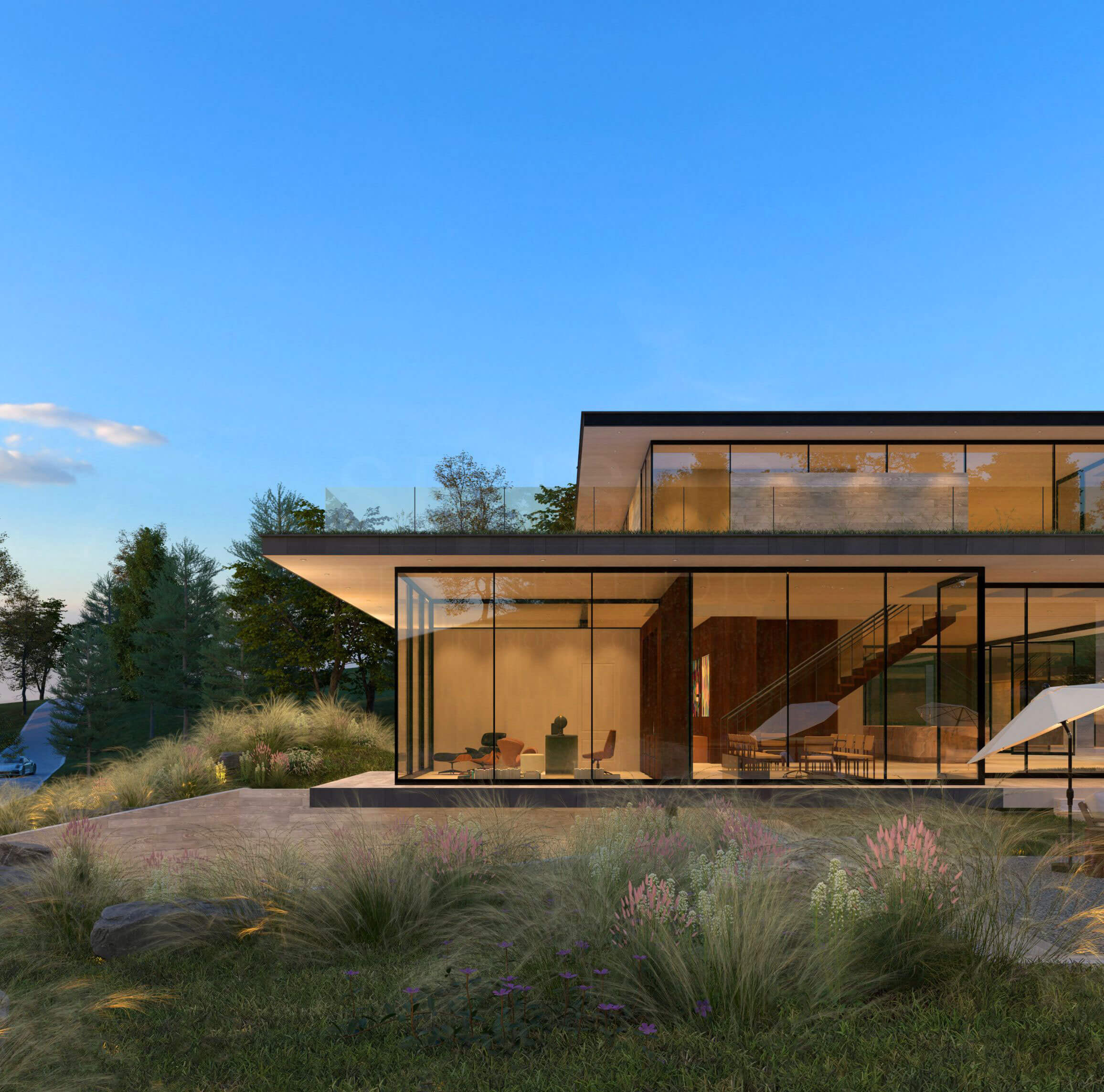 Curtain walls opening the Modern Forestview Compound to the tree canopy