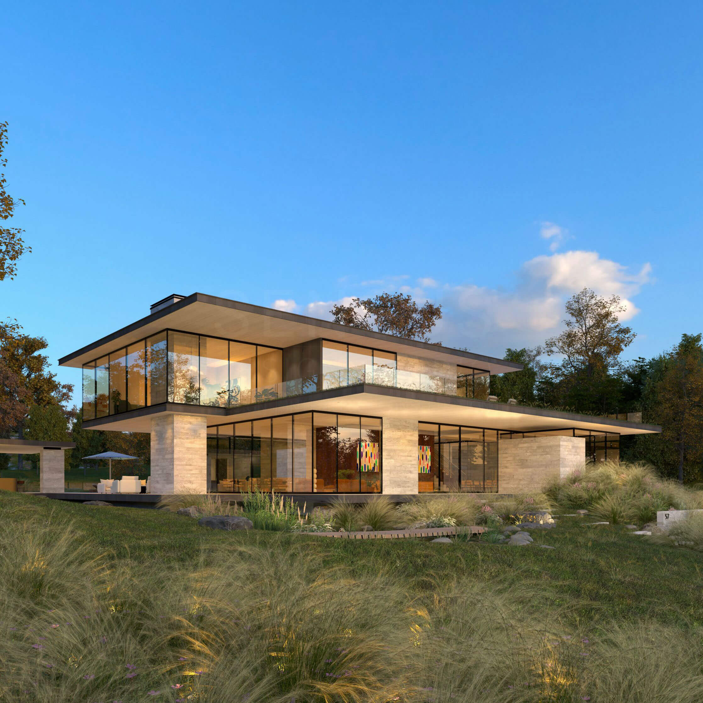 Cantilevered second floor and wide roof planes at the modern compound