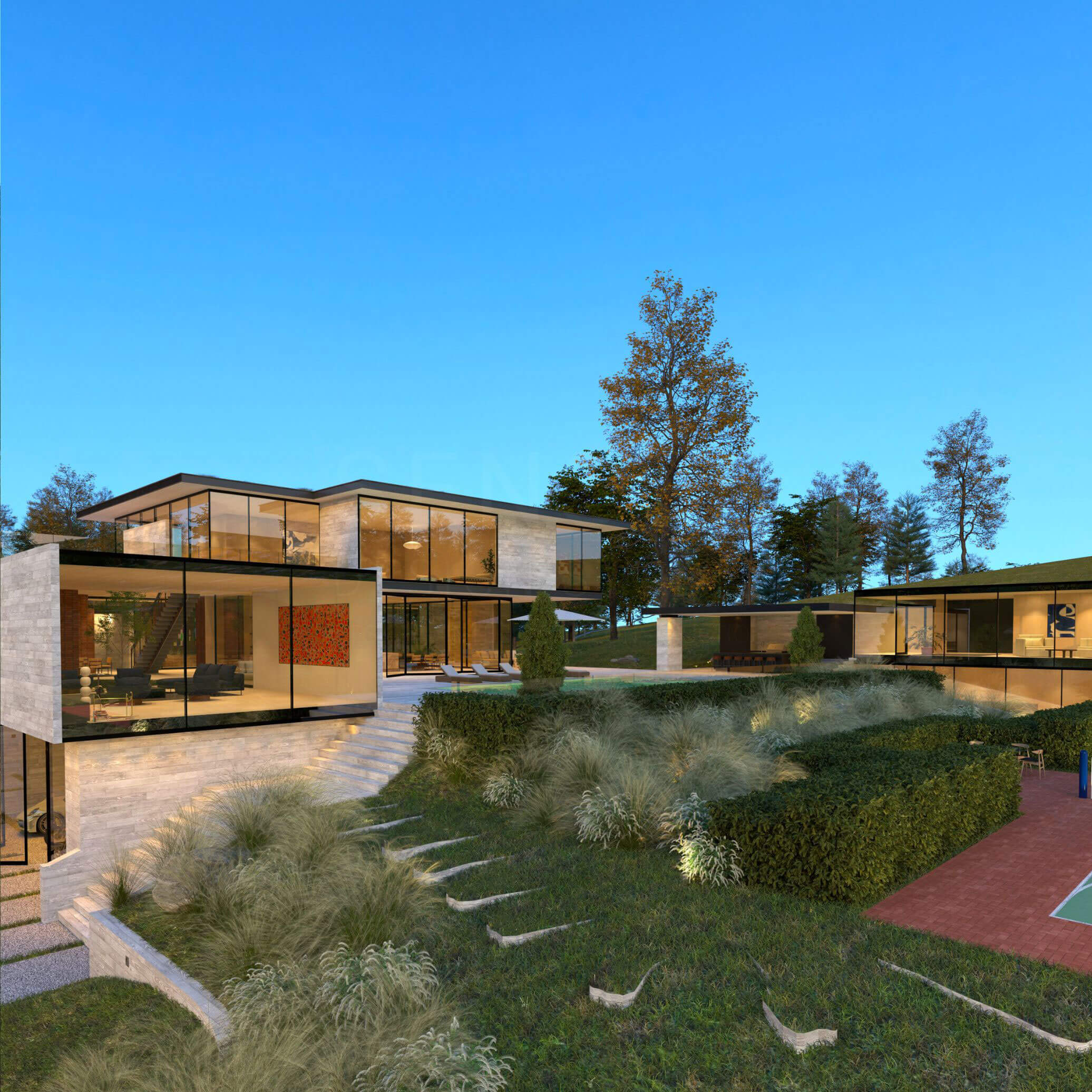 Rear facade connecting to the pool and outdoor amenities