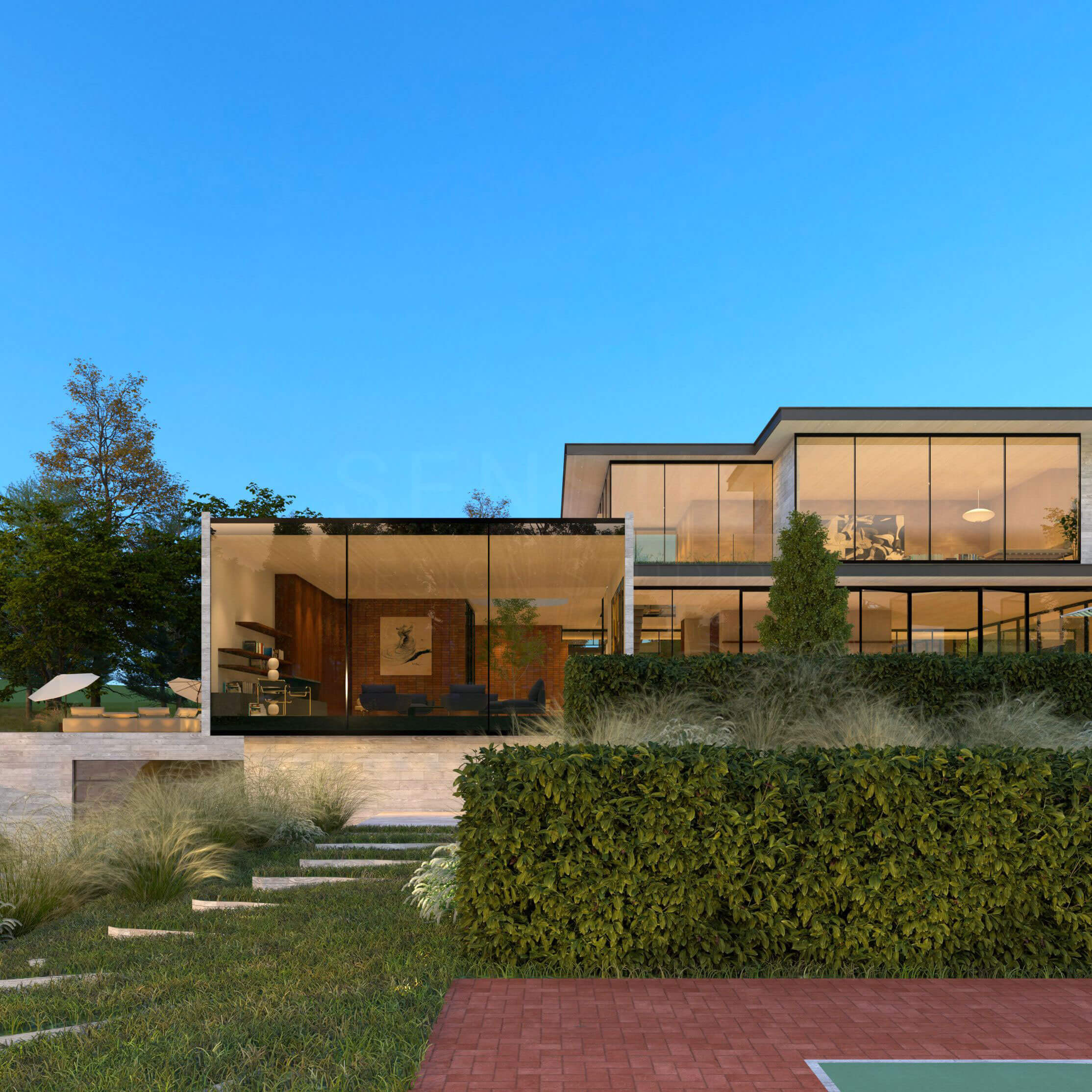 Pool courtyard surrounded by the modern home and outdoor amenities