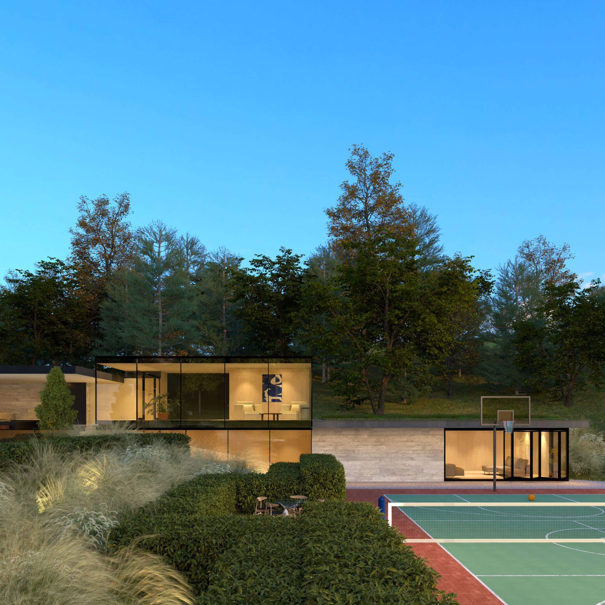 Recreation lounge and guest suite built into the falling grade