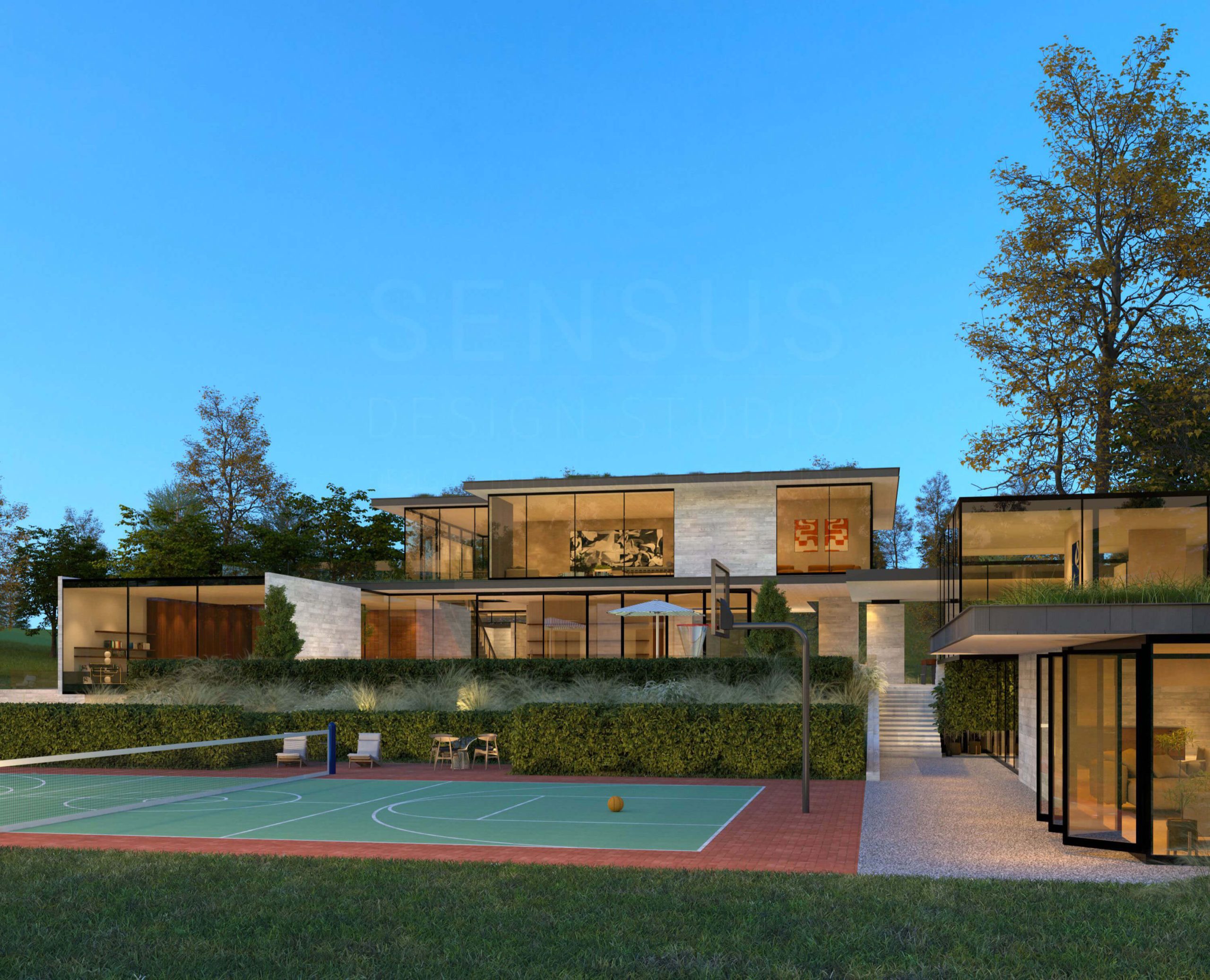 Modern Forestview Compound and pool illuminated at night