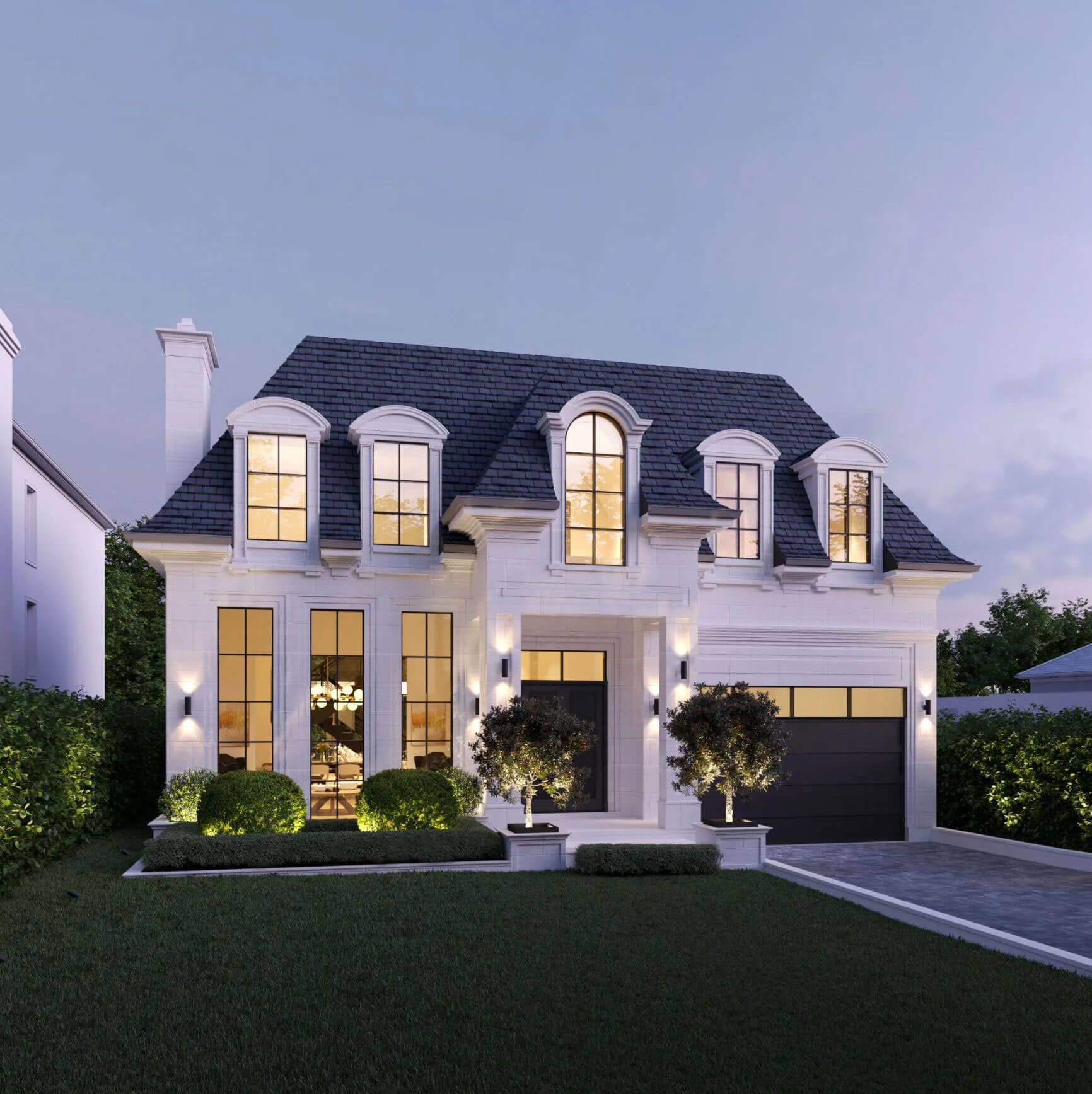 Constructed Chateau Donalda stonework beside its architectural rendering