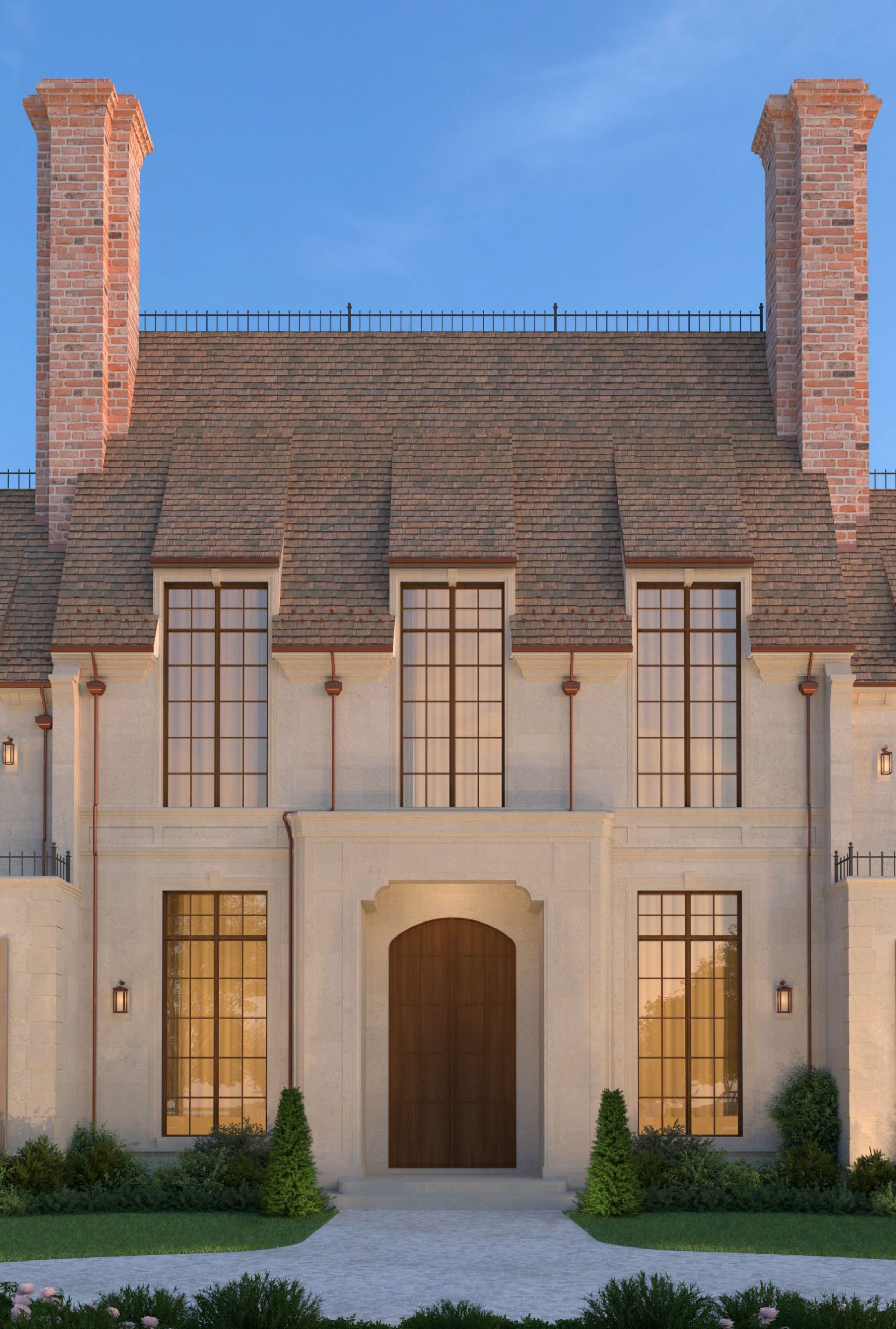 Symmetrical arched windows and shutters on the Georgian facade