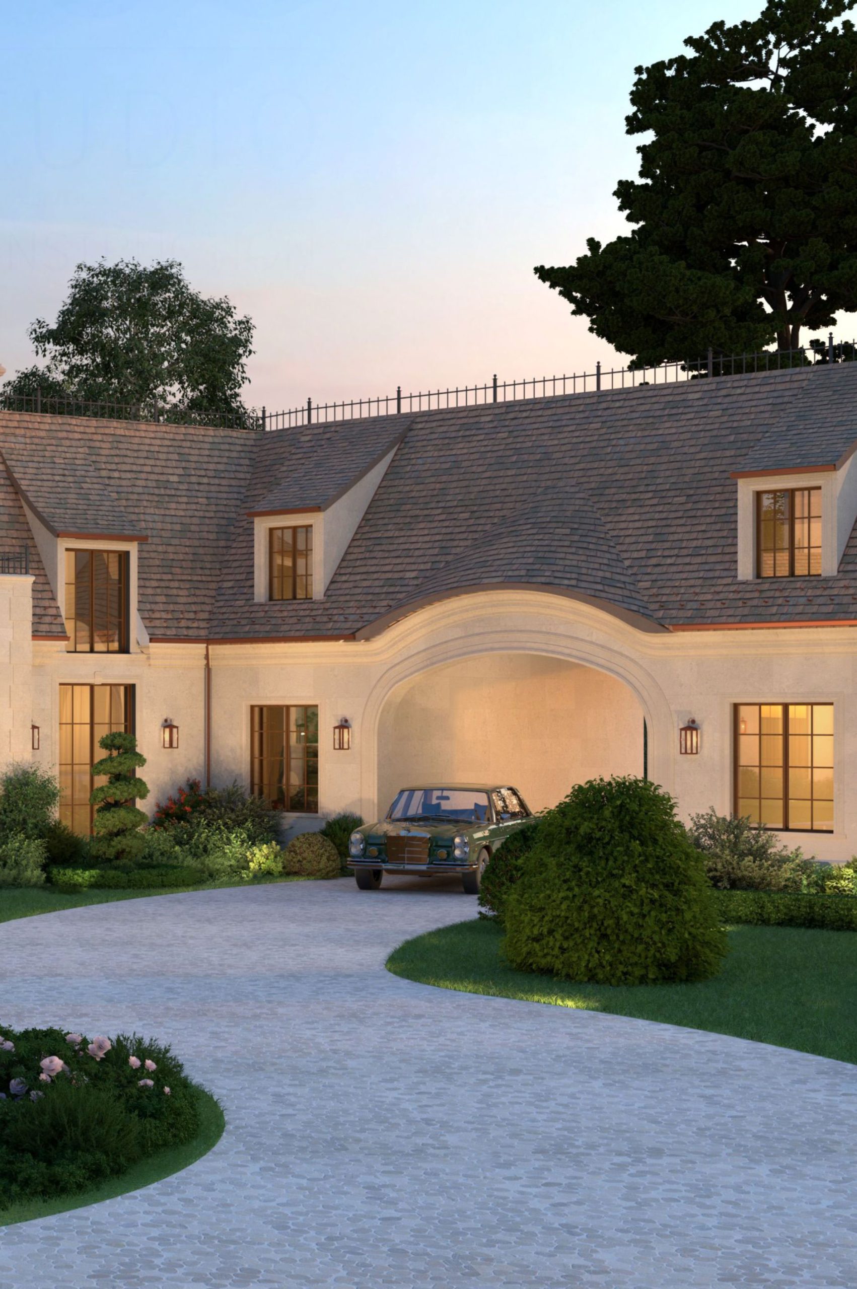 Limestone-clad drive-through passage leading to the garage court
