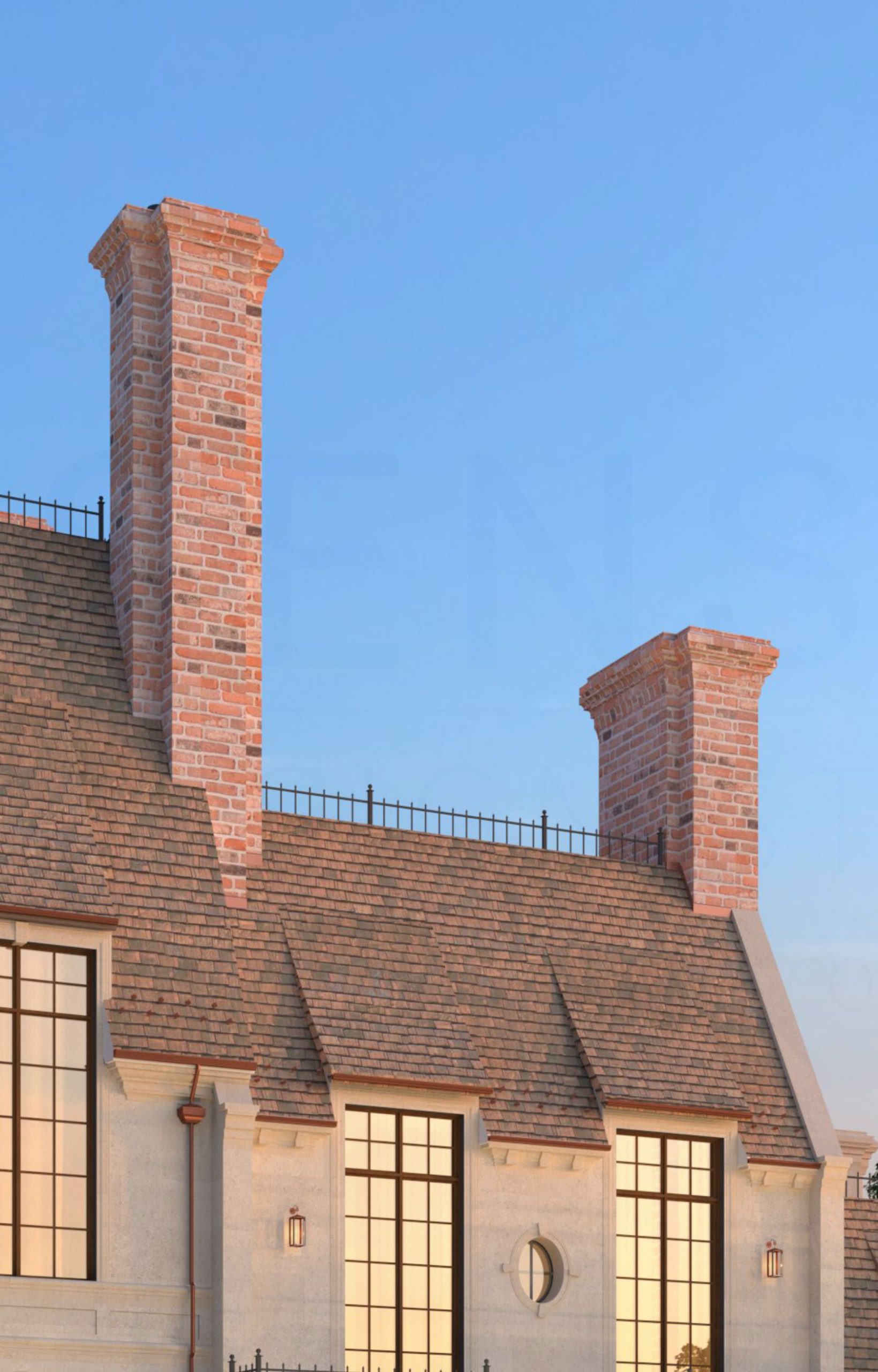 Tall brick chimneys rising above the Georgian roofline