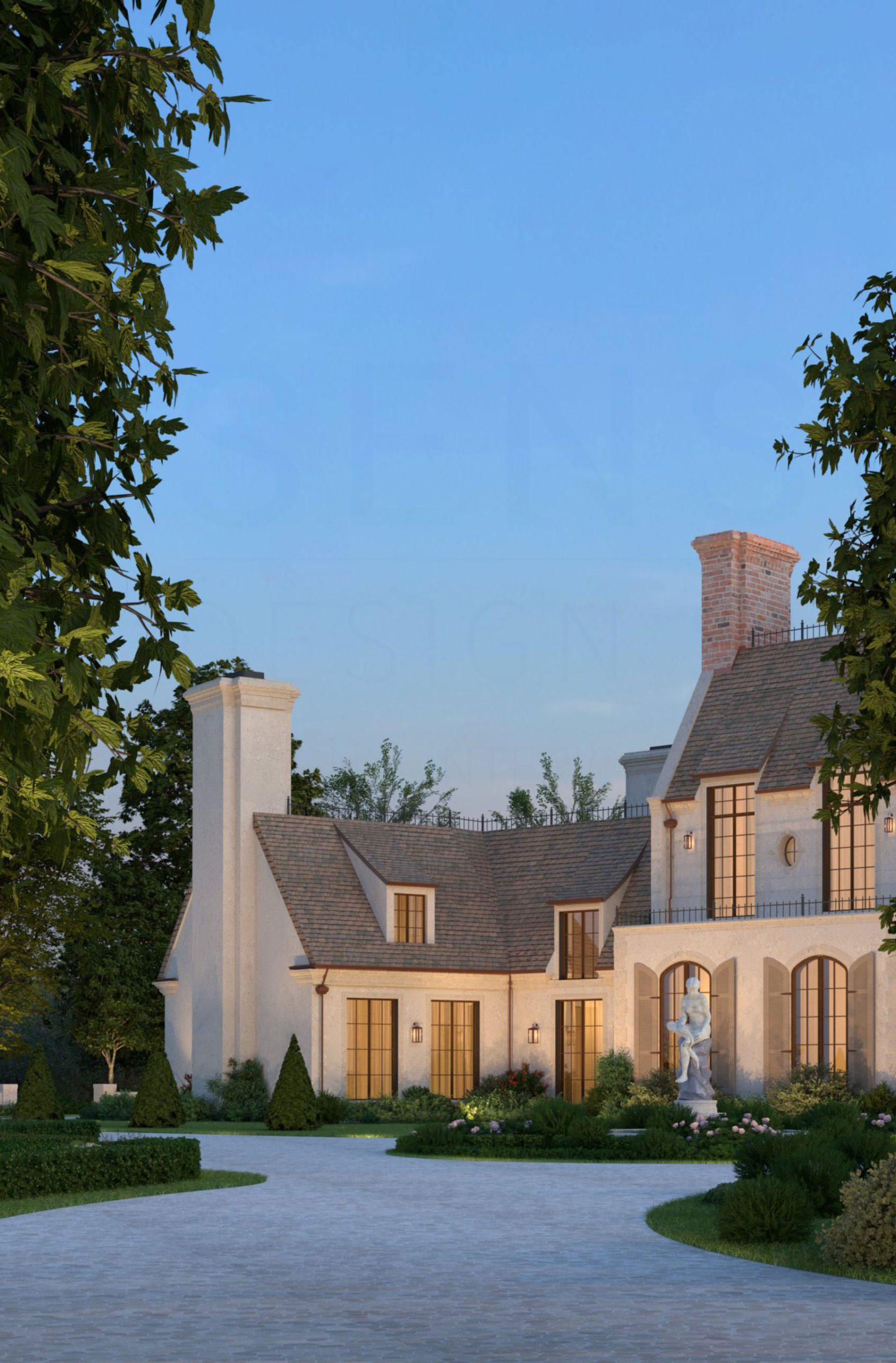 Formal gardens surrounding the Traditional Georgian Manor arrival court
