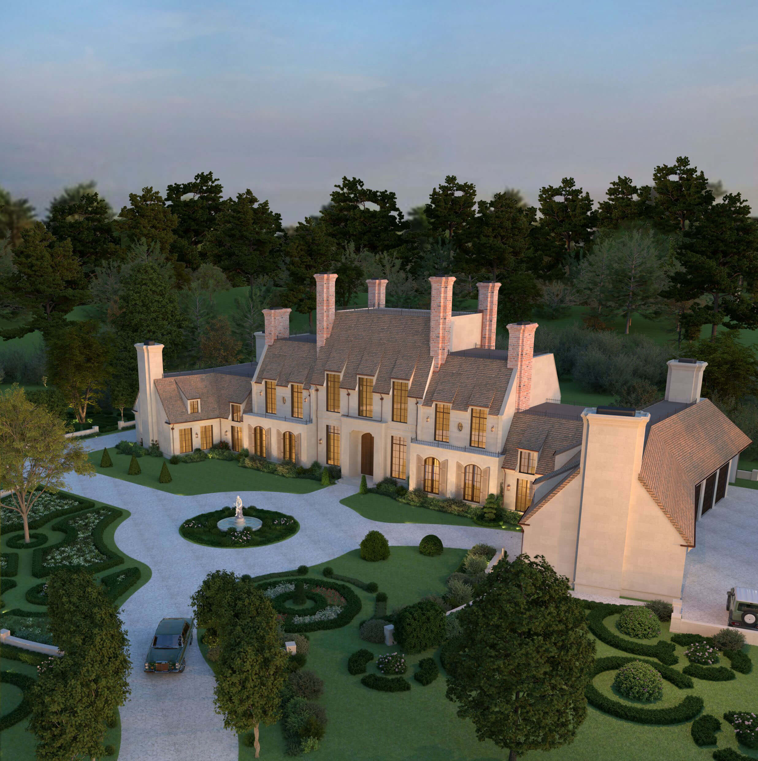 Angled wings framing the Traditional Georgian Manor entrance court