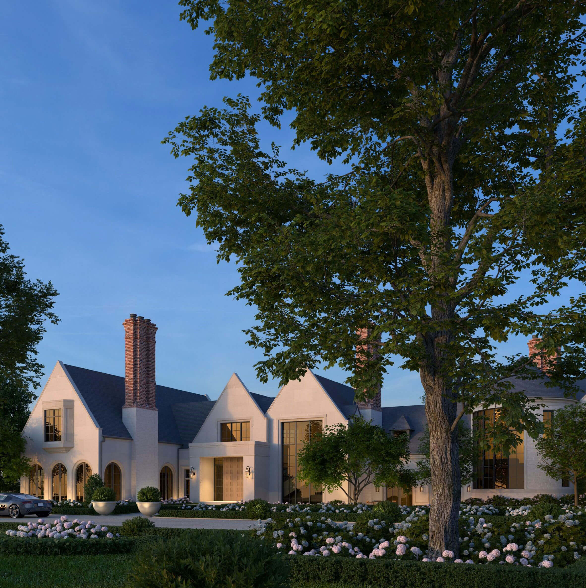 Detailed gables, arched windows and chimney profiles at Bay Shore Manor