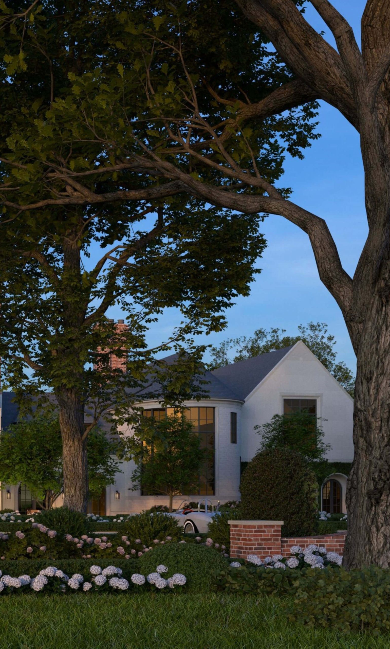 Contemporary turret and curved library facade at Bay Shore Manor