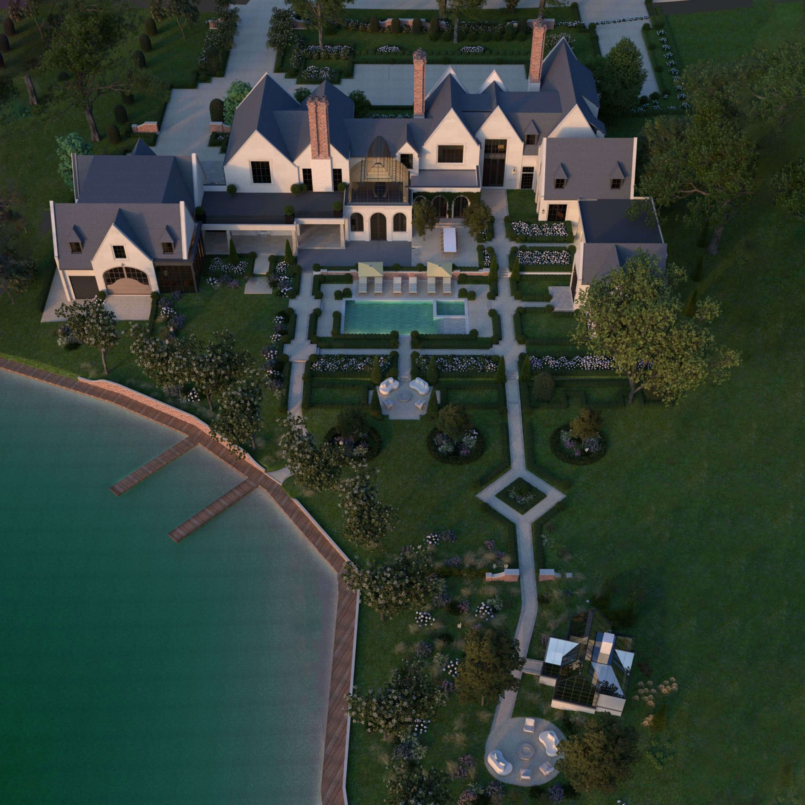 Layered gardens and stone paths surrounding Bay Shore Manor