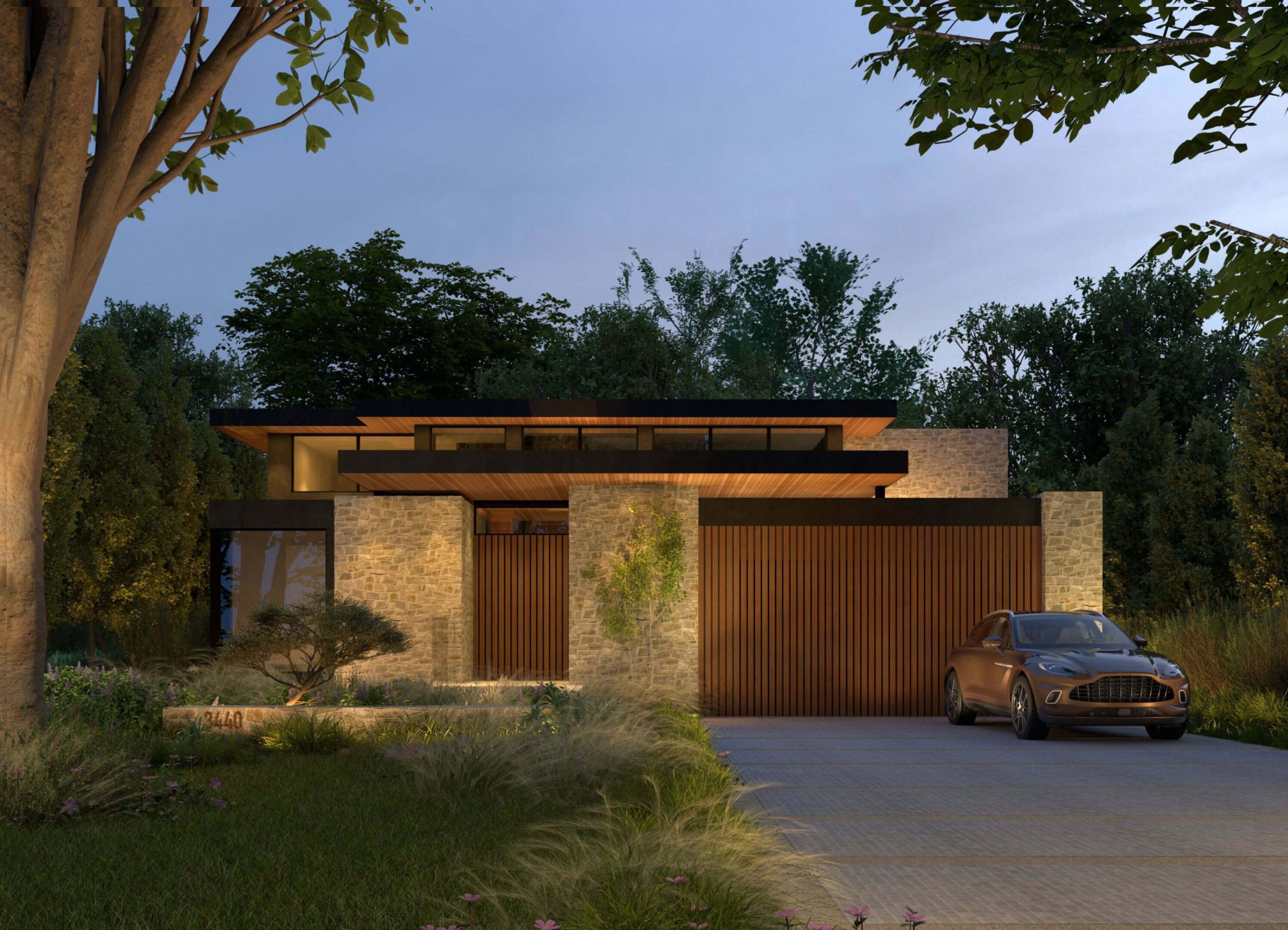 Mid-Century Modern Residence with stone pillars and broad glazing