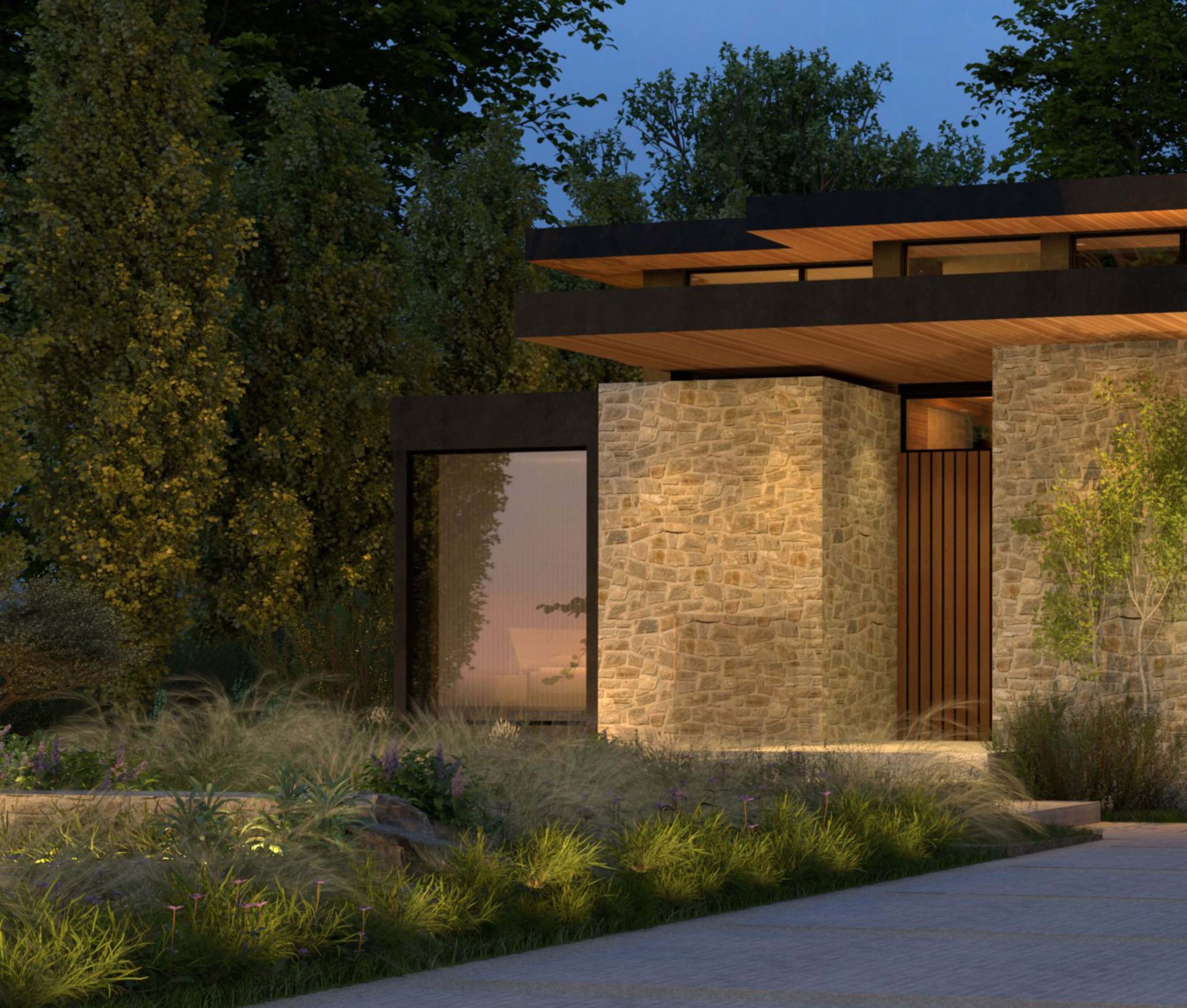 Broad front facade composed with stone, wood and glass