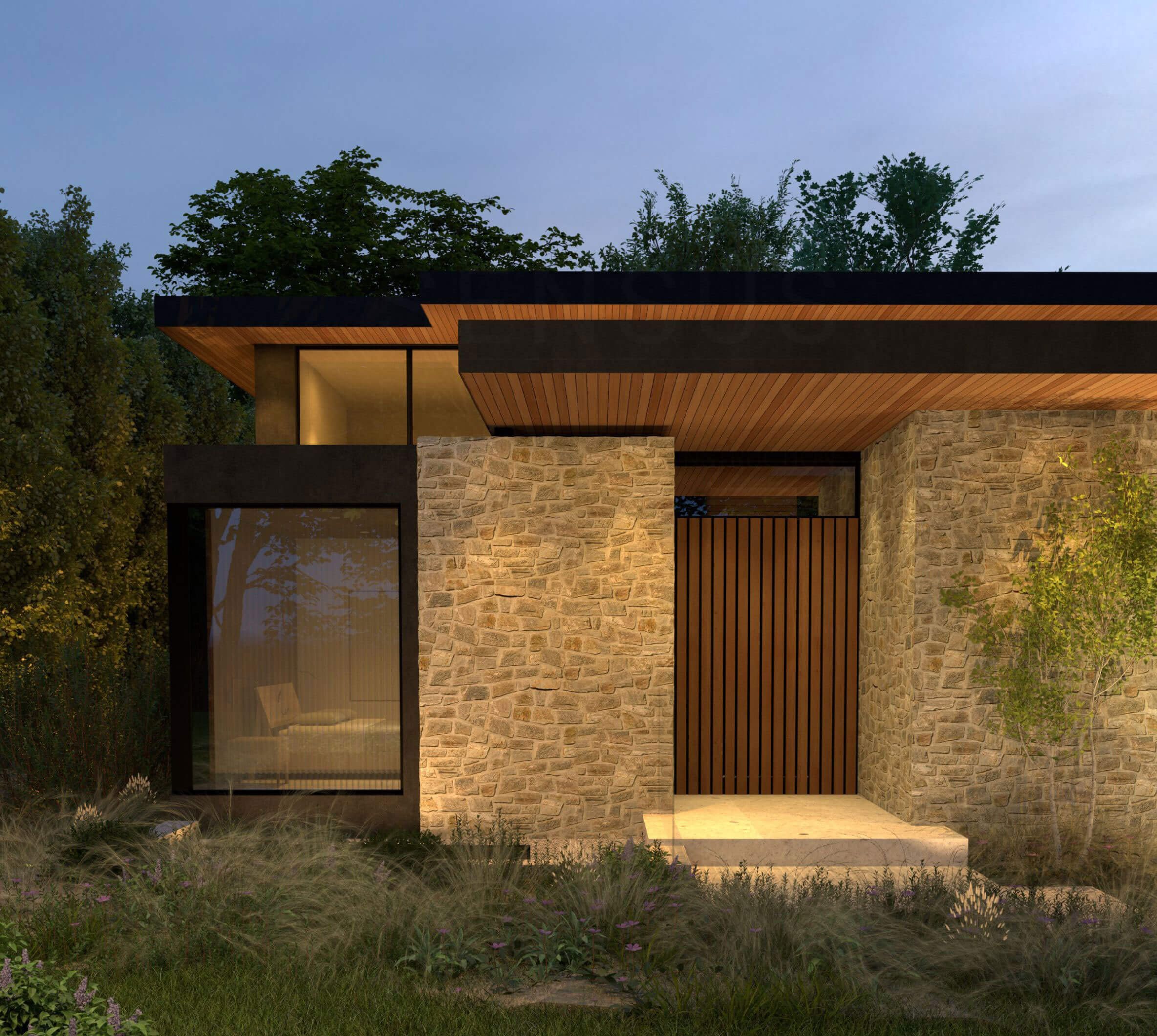 Layered grasses and feature trees framing the modern residence