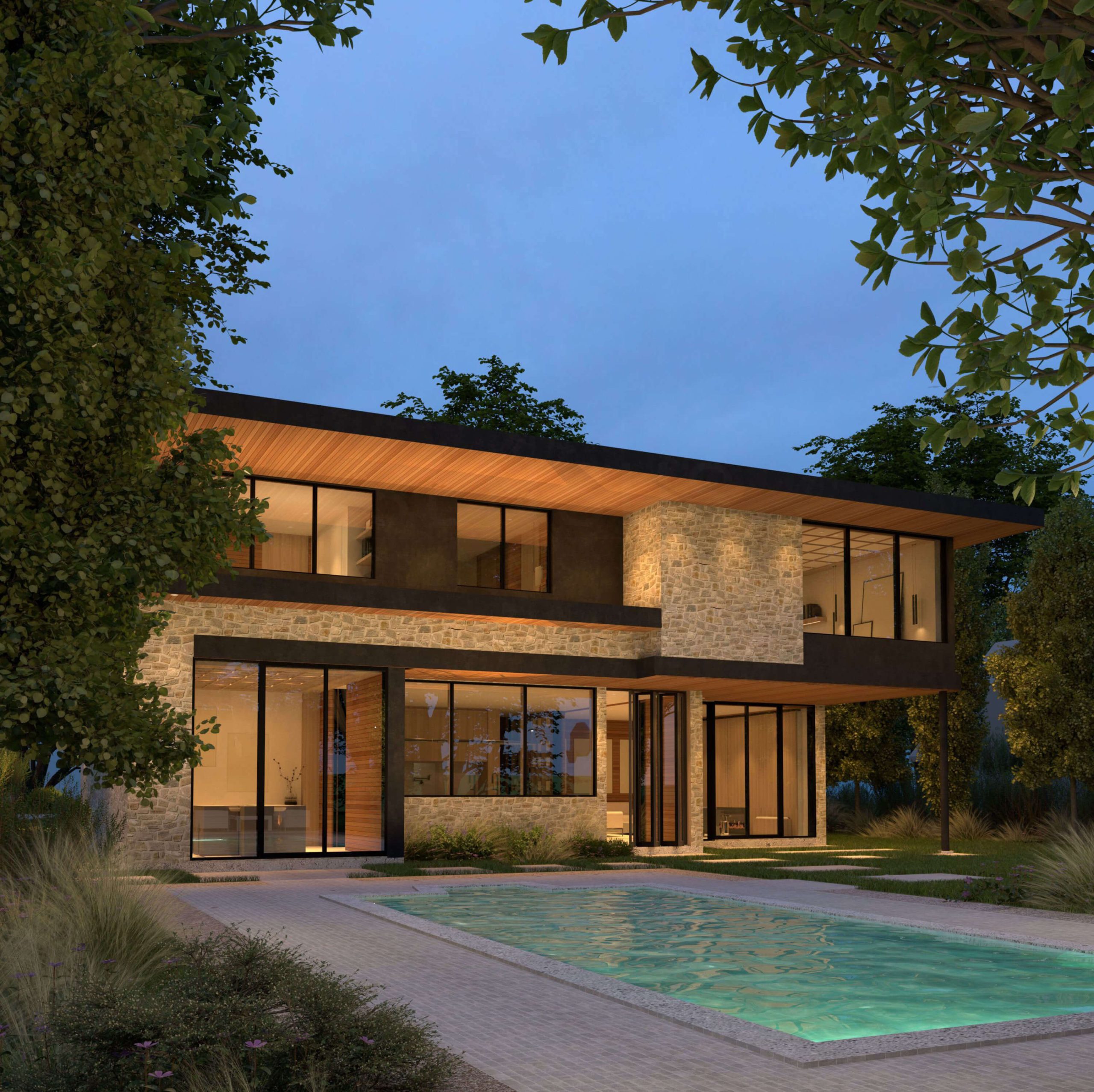 Mid-Century Modern Residence and its illuminated garden at dusk