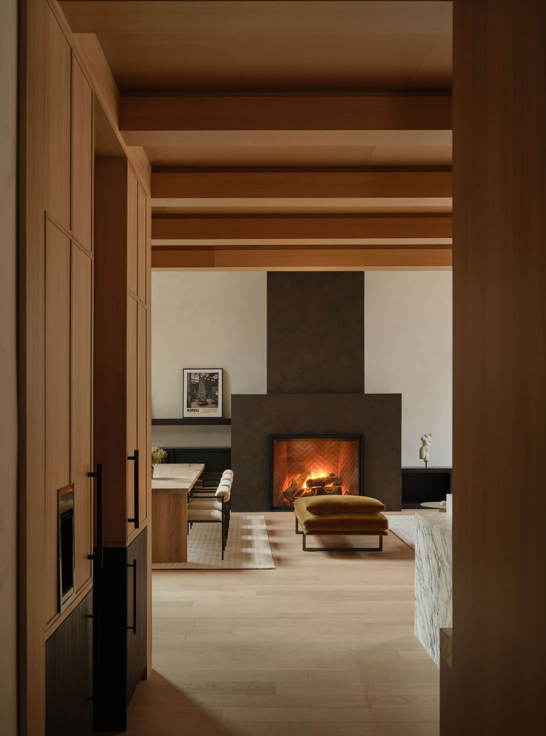 Warm white oak, bronze and viola marble interior palette