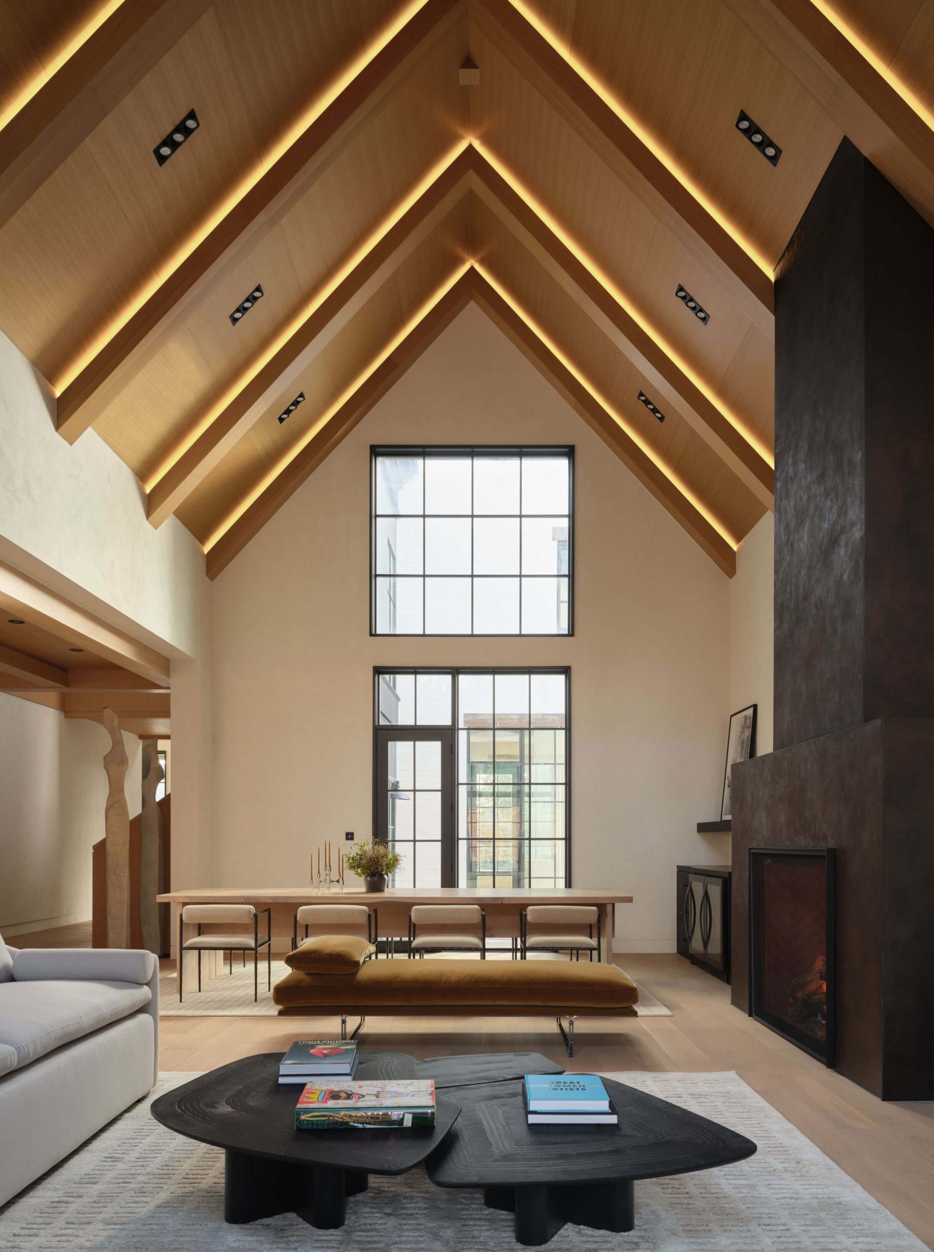 Cathedral-like interior proportions and full-height fireplace