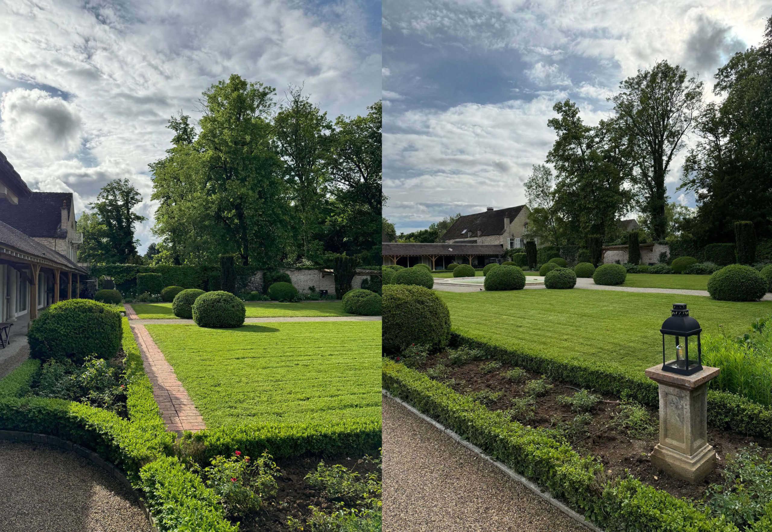 Paired views of formal lawns and clipped garden hedges