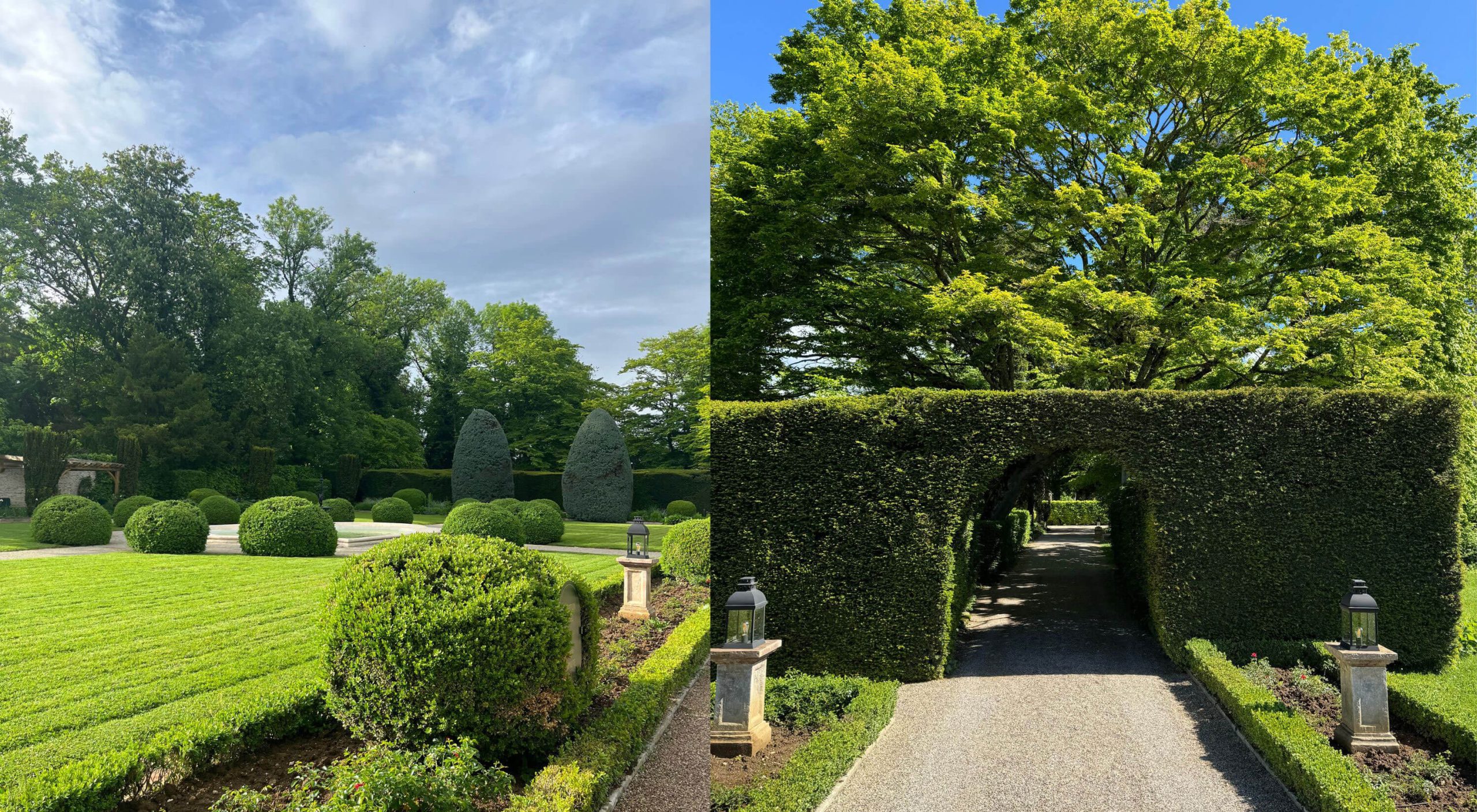Paired formal lawns and an archway cut through a hedge