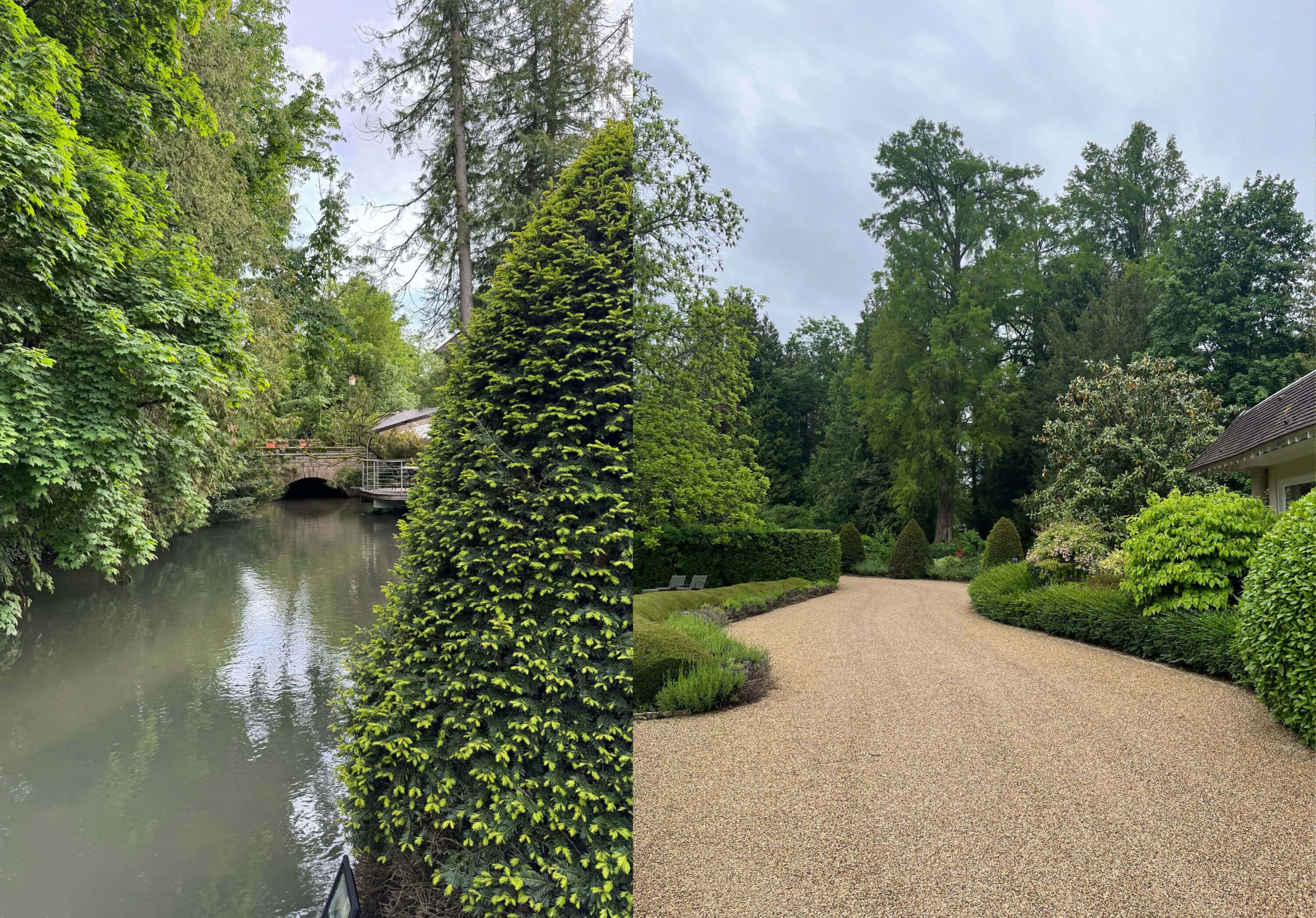 Paired views of a waterway and a curving topiary-lined path