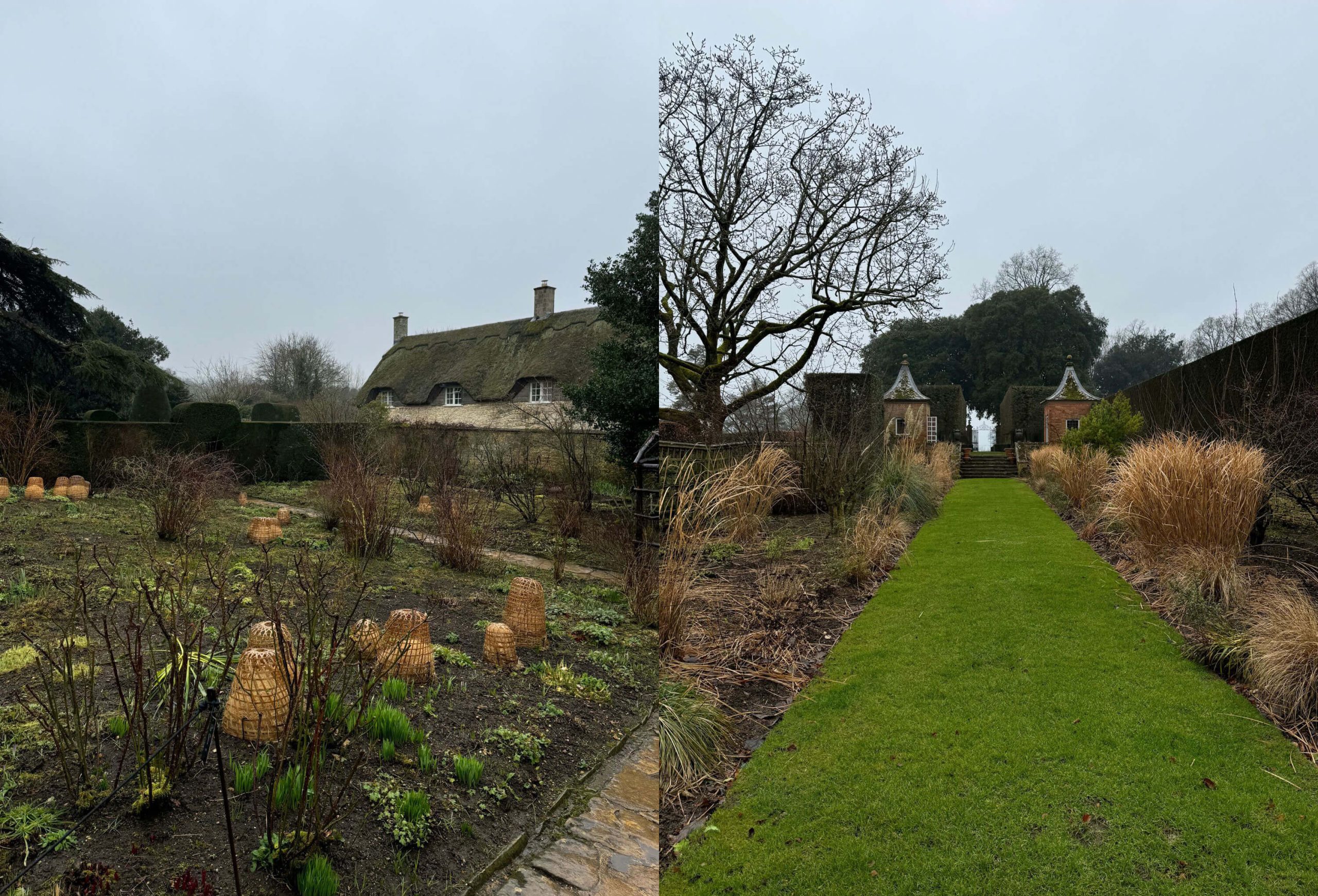 Paired views of planted beds and a long lawn