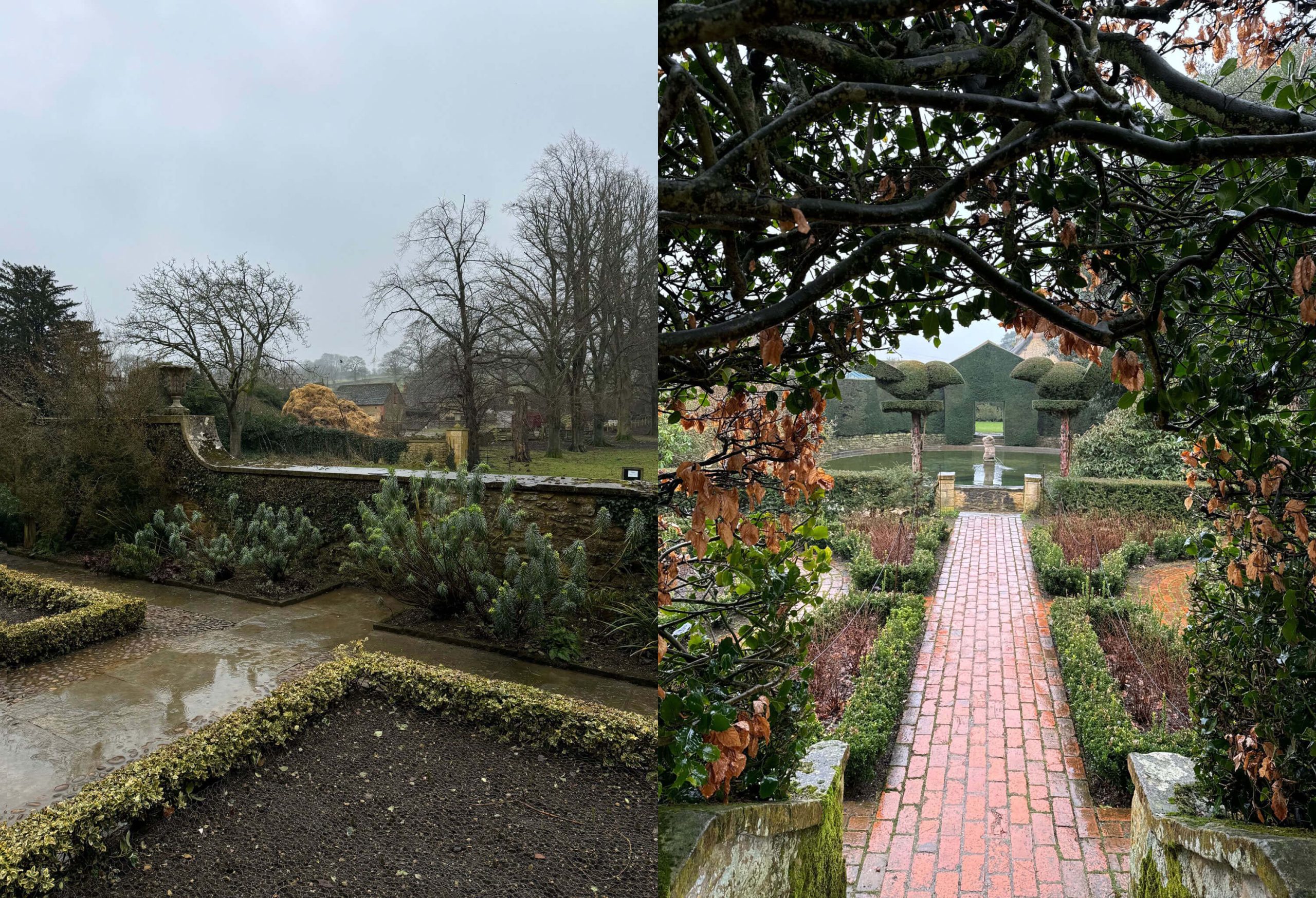 Paired views of a stone terrace and brick garden walk