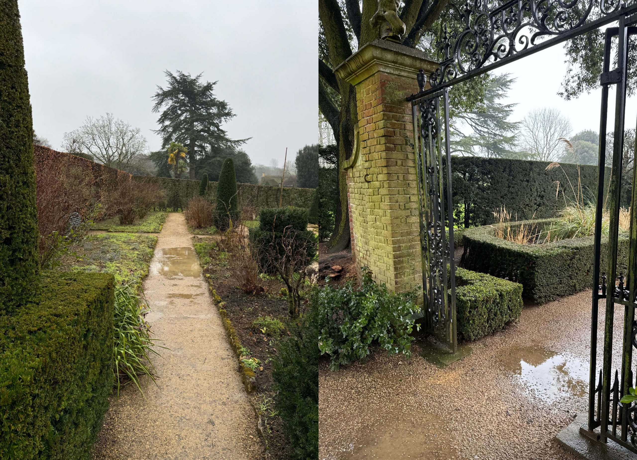 Gravel garden path and ornate iron gateway