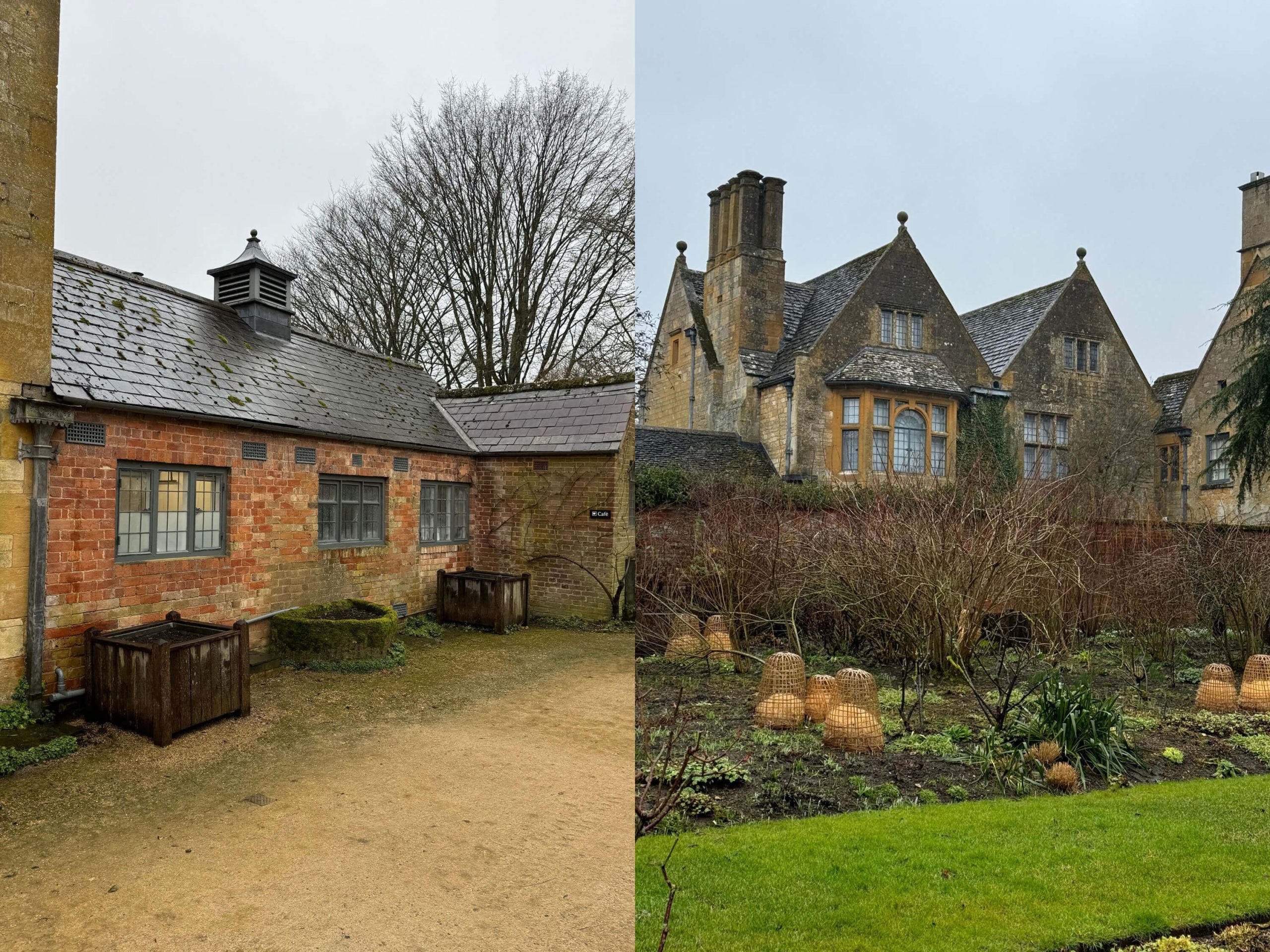 Paired views of stone manor buildings and planting