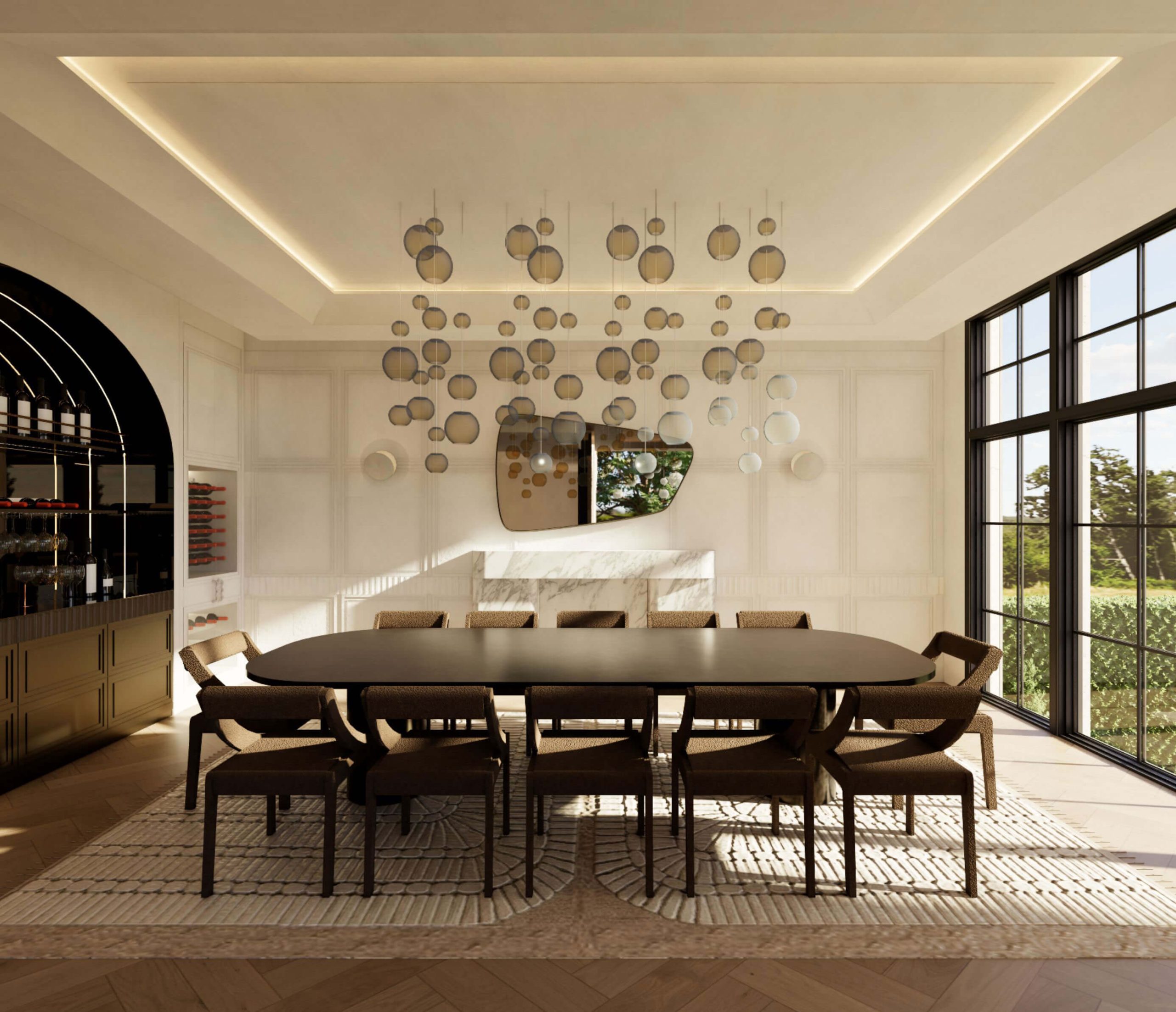 Dining room with sculptural lighting