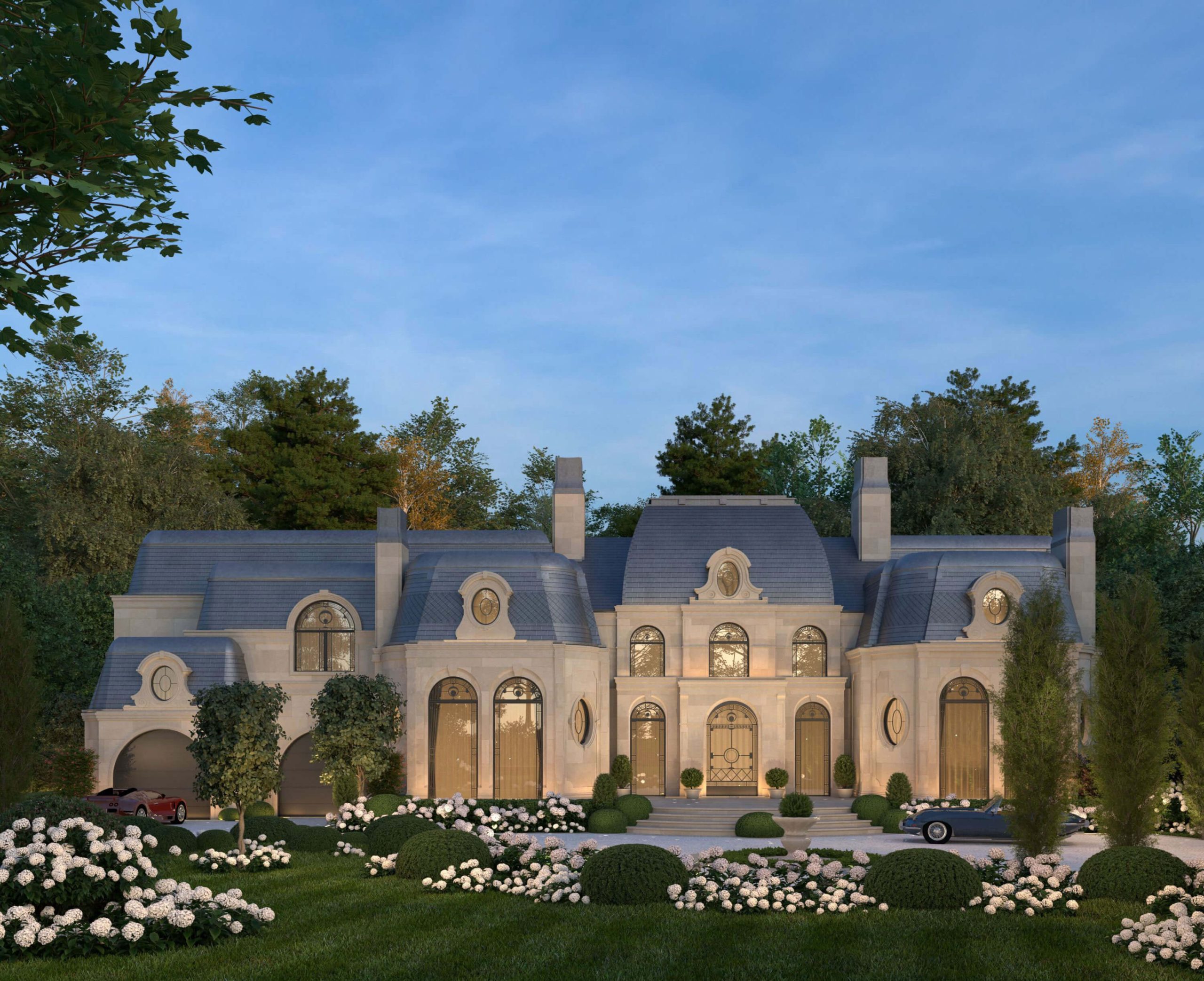 Baroque Chateau set within formal gardens at dusk