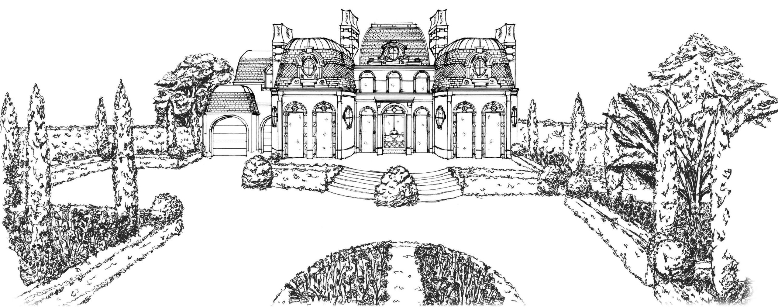 Wide front elevation of the Baroque Chateau