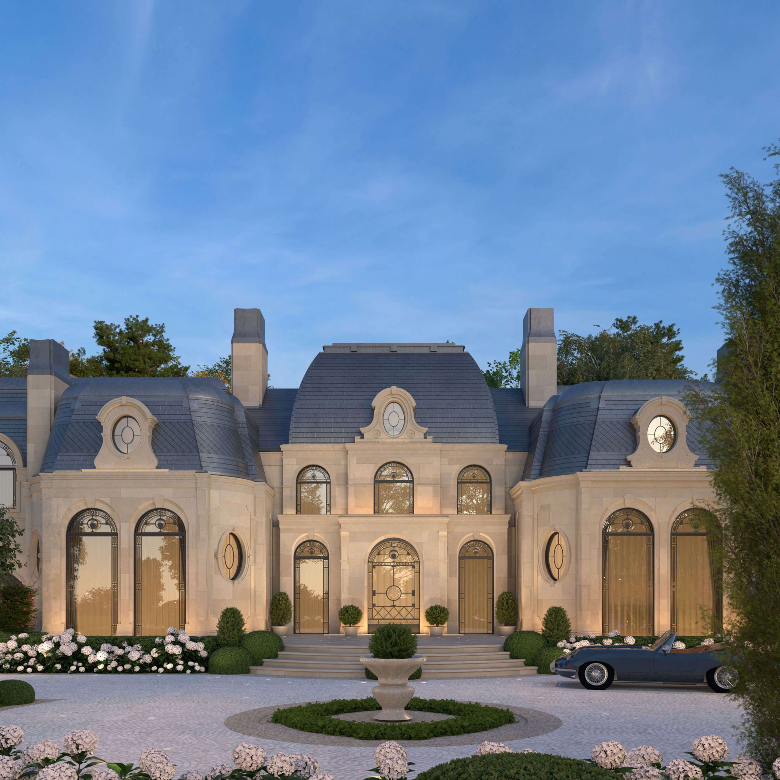 Baroque Chateau framed by trees and layered planting