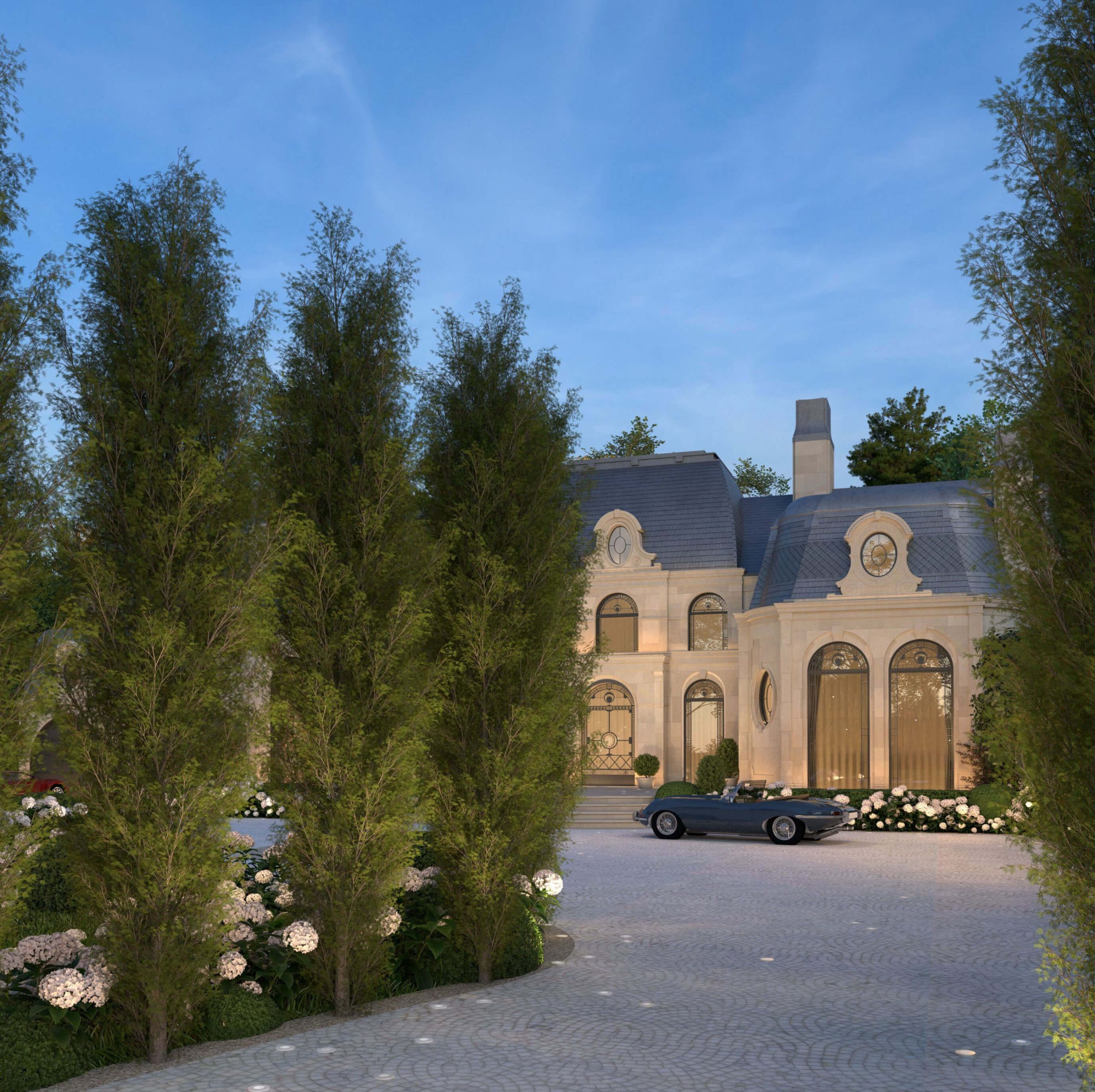 Ornate stone and iron detailing beside the chateau pool