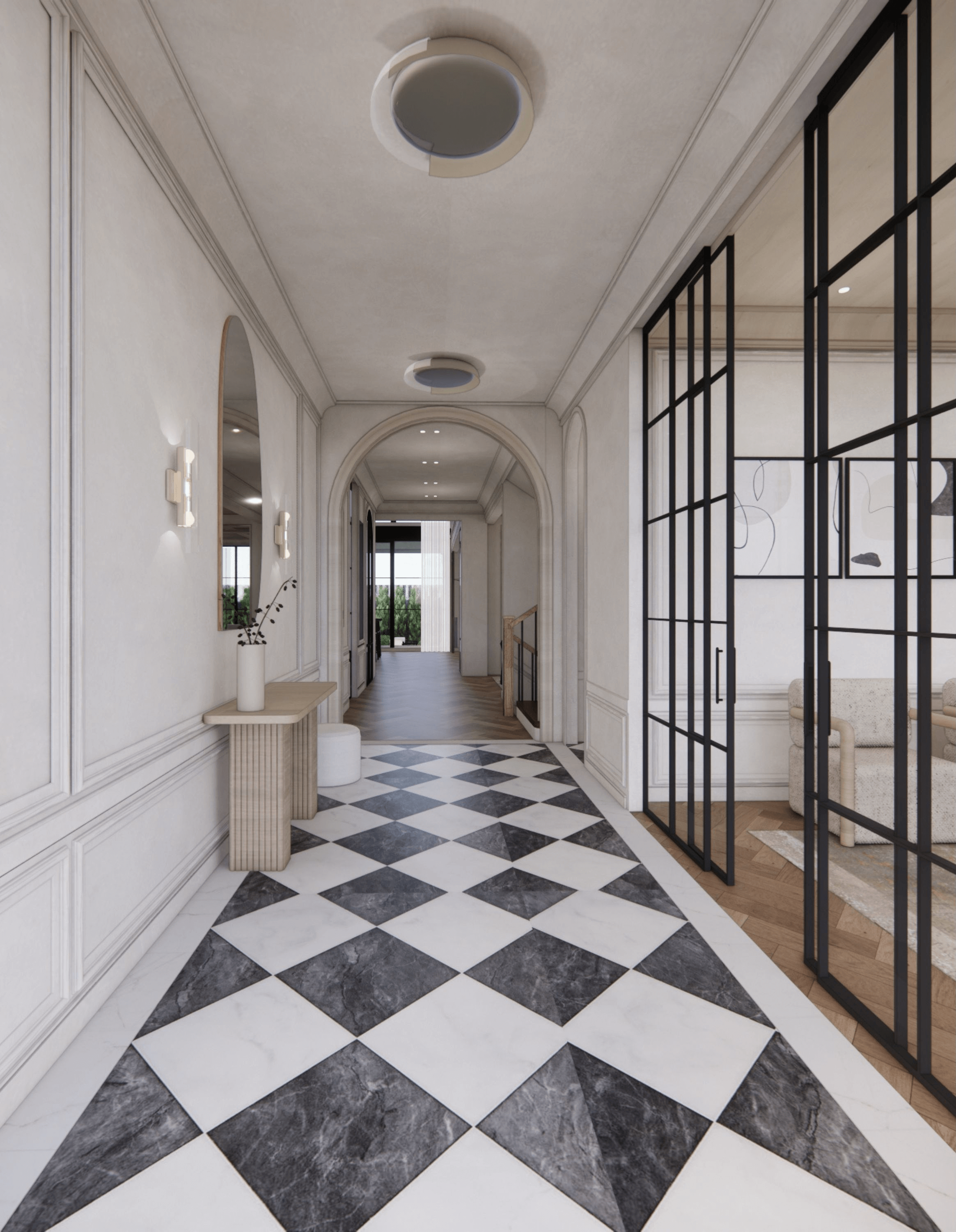 Lime-washed Georgian foyer with a checkerboard stone floor