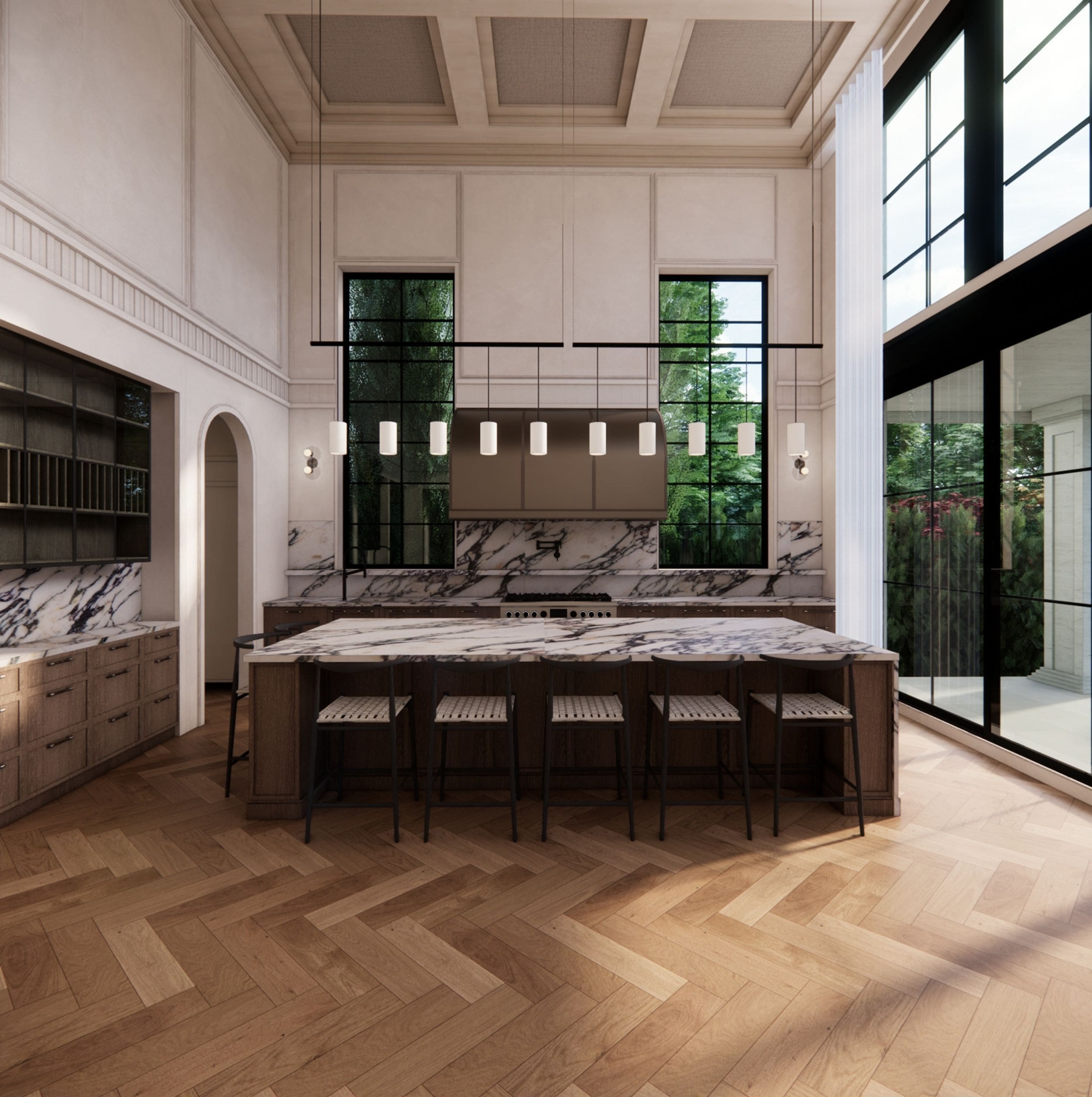 Two-storey Georgian great room with coffered ceiling and marble fireplace