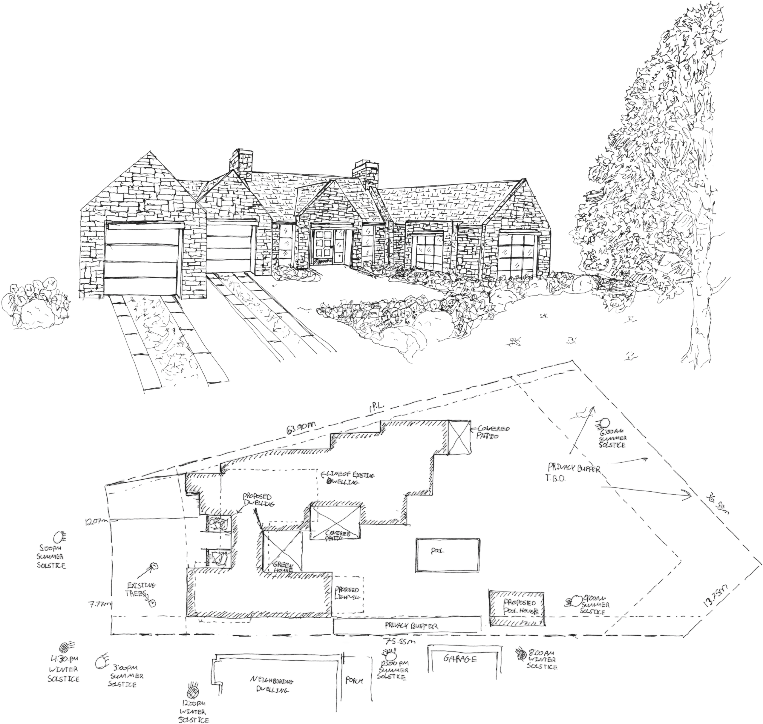 Perspective sketch of the Stone Country House